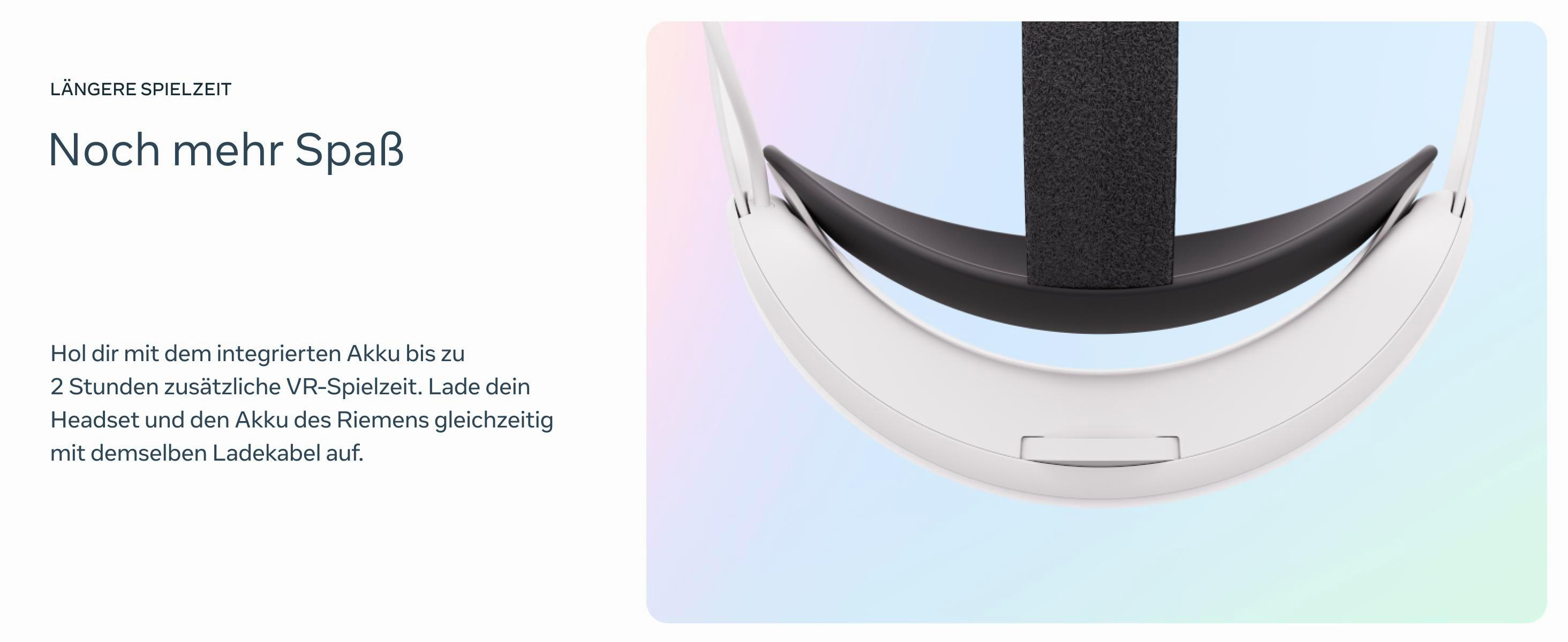 Weißes VR-Headset mit Text, der zusätzliche Akkulaufzeit und Aufladen beschreibt.