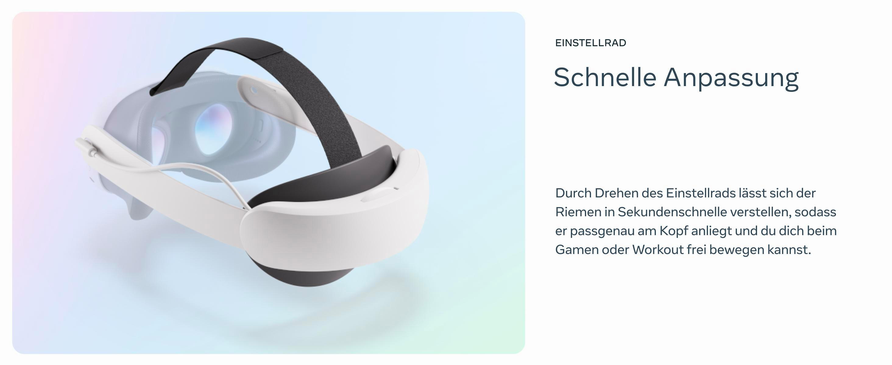 VR-Headset auf weißem Hintergrund. Text auf Deutsch beschreibt die Schnellverstellungsfunktion des Headsets.