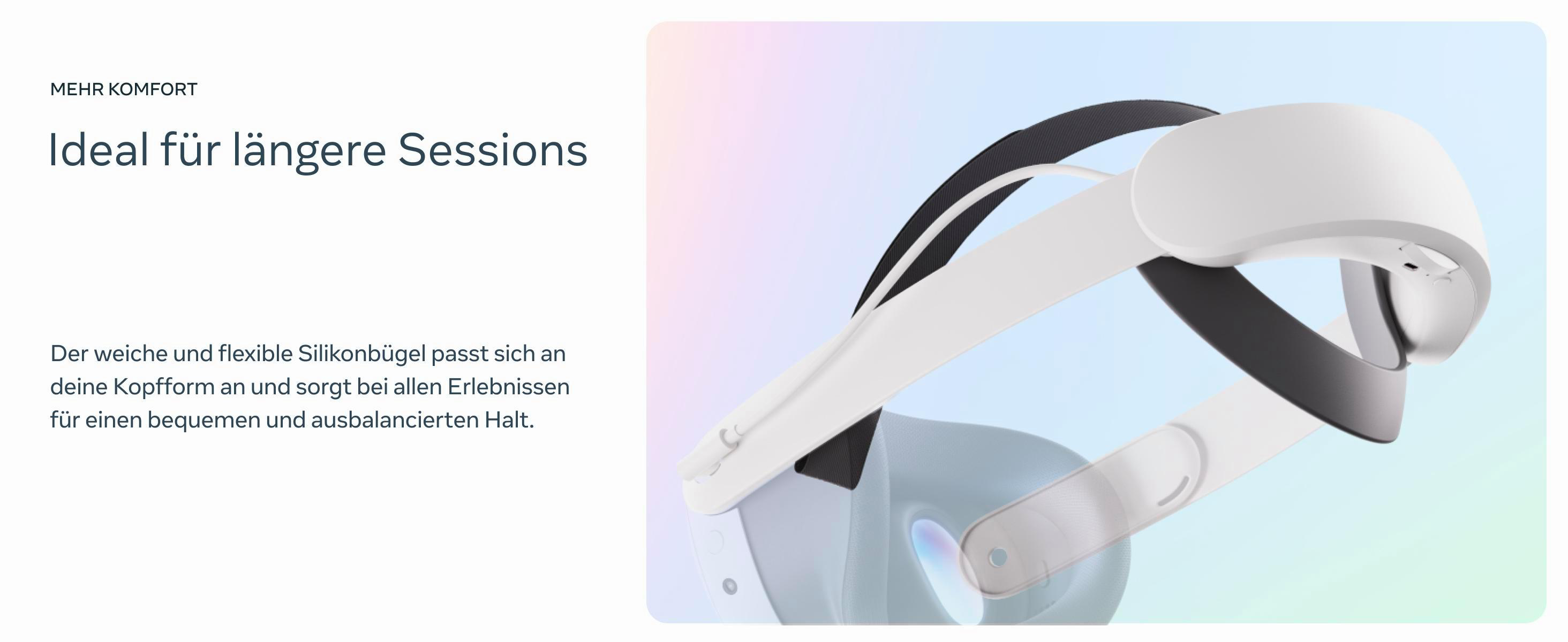 VR-Headset auf weißem Hintergrund. Text über Komfort, flexibles Silikonband für lange Sitzungen.