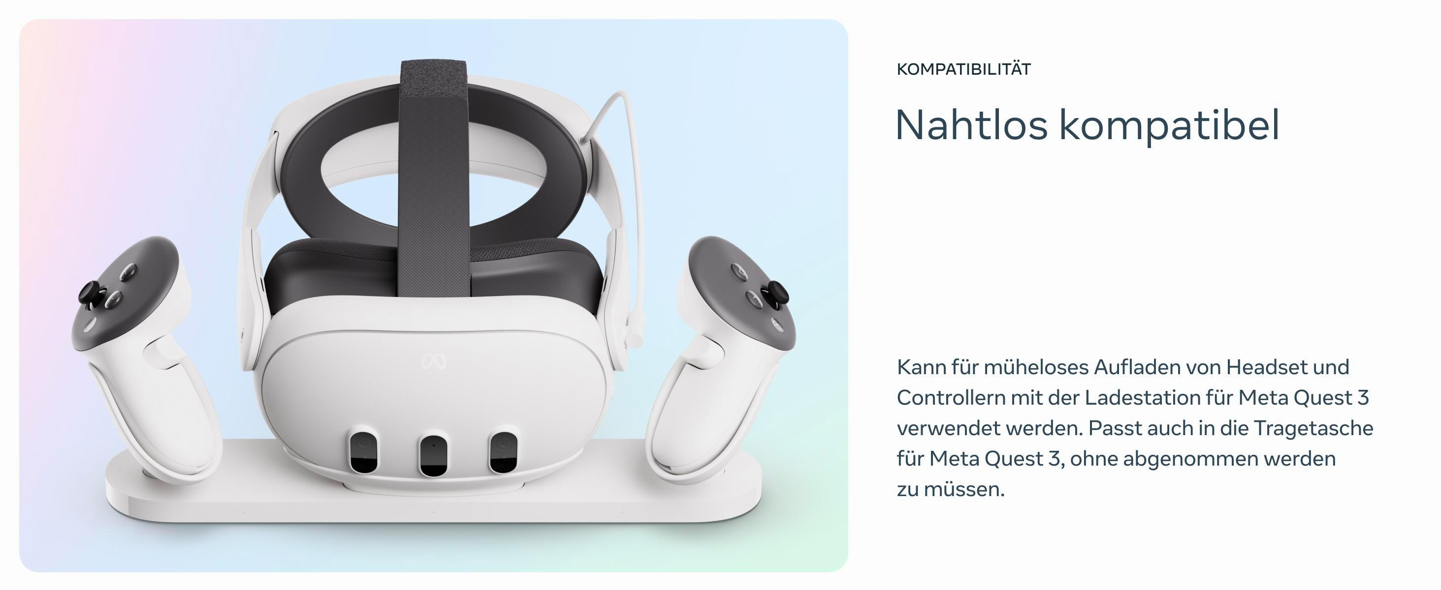 Eine weiße Ladestation mit zwei Controllern und einem VR-Headset.