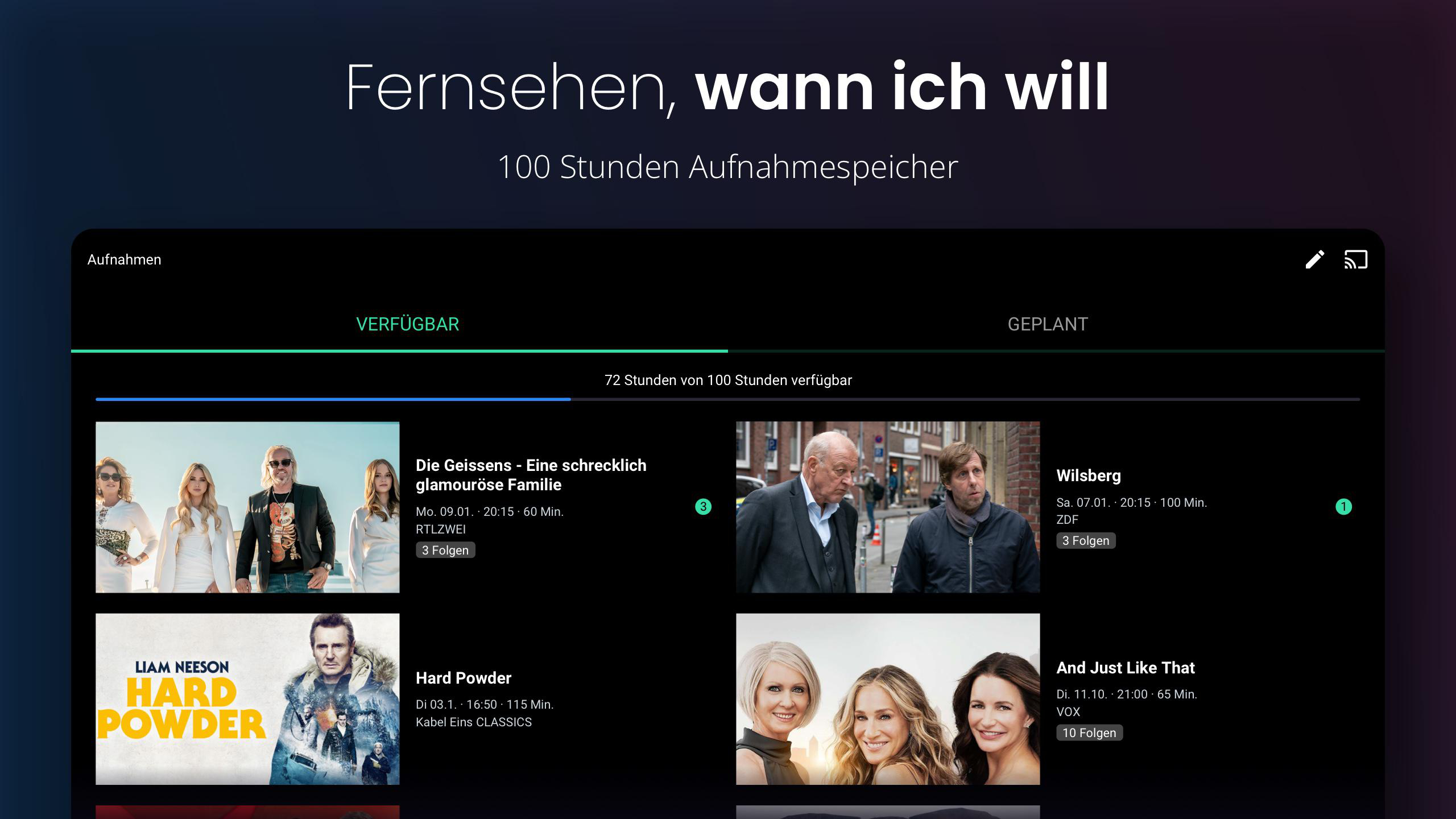 TV-Bildschirm mit Streaming-App-Oberfläche. Programmliste mit Titeln und Bildern.