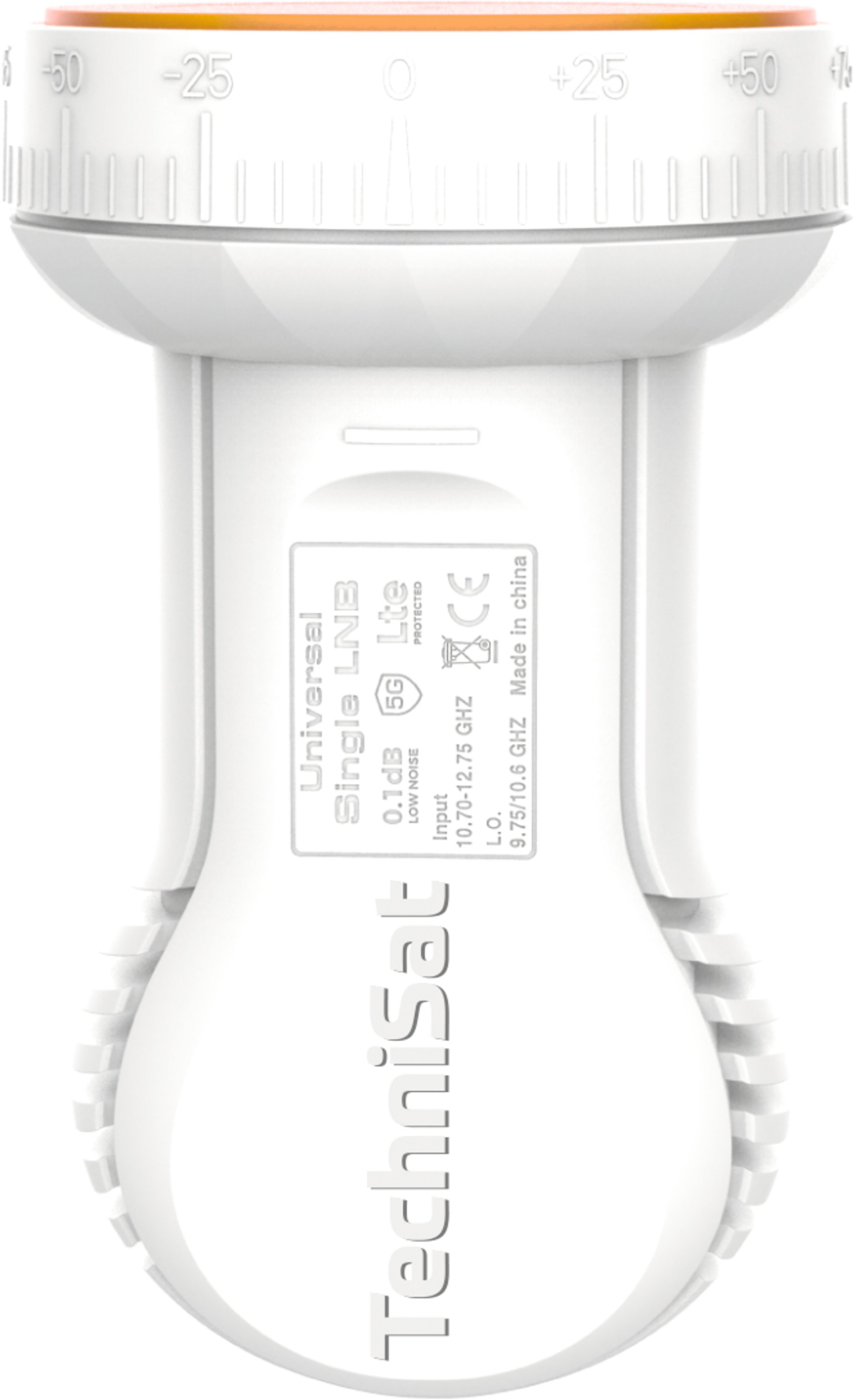 Biały konwerter LNB. Posiada biały korpus, etykiety i srebrną, numerowaną tarczę.