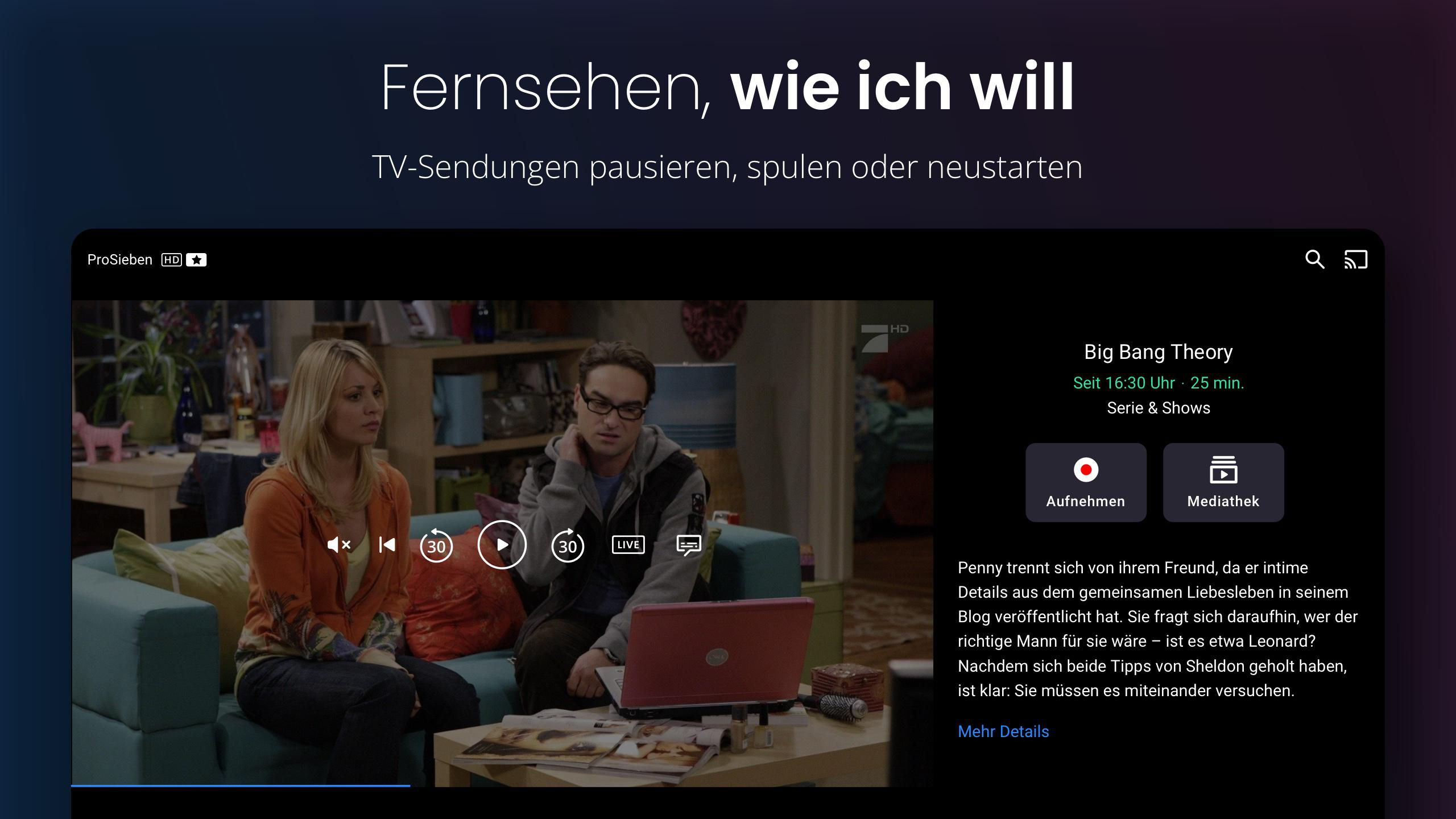 Screenshot einer Streaming-App auf einem Fernsehbildschirm. Fernsehsendung wird abgespielt.