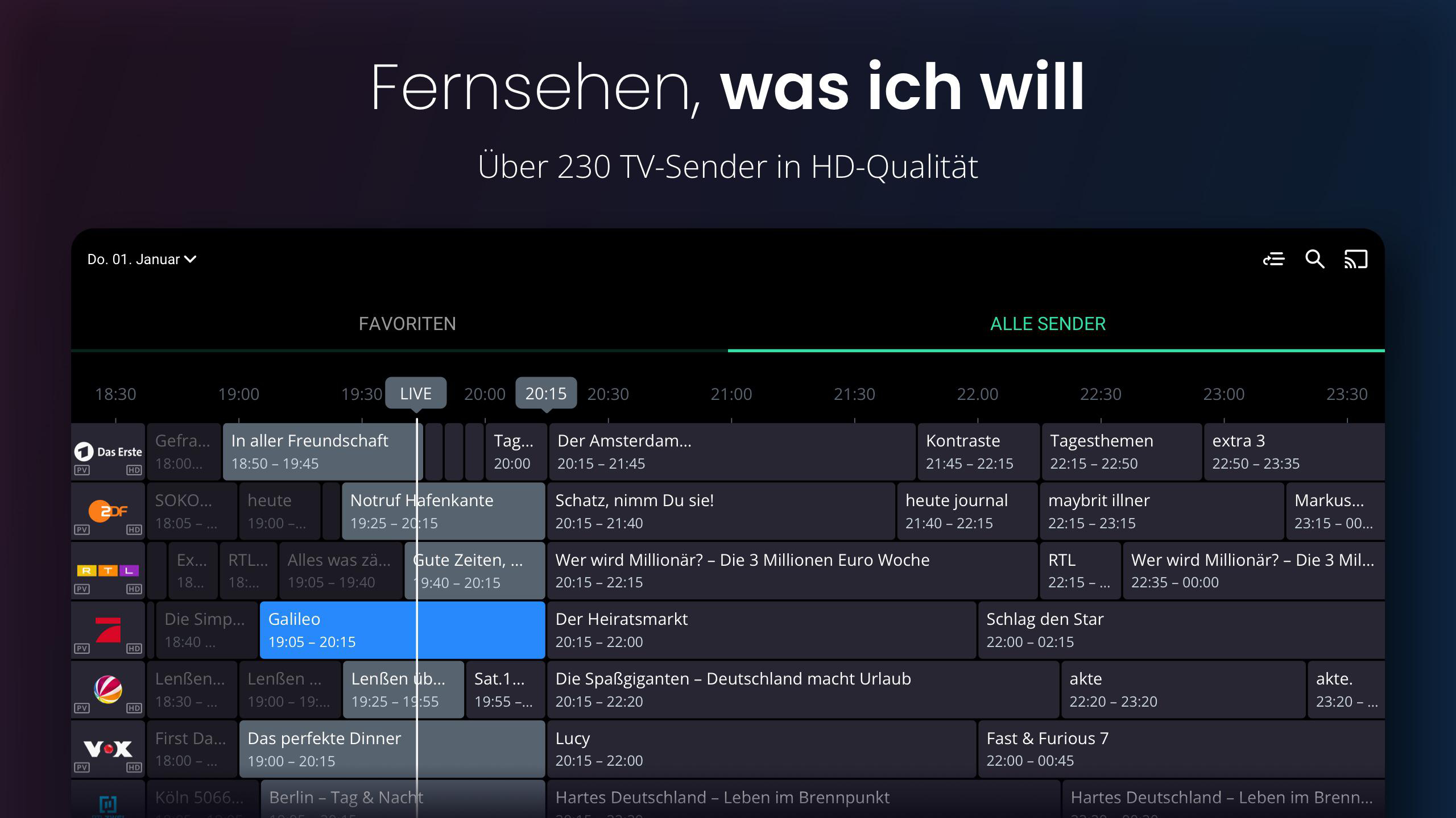Ein Fernsehbildschirm zeigt eine Programmvorschau mit verschiedenen Sendern und Sendezeiten.