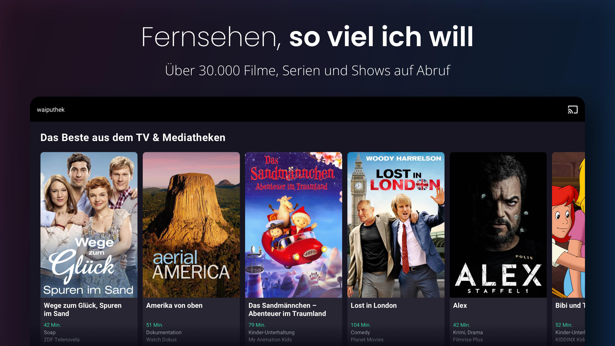 Ein Bildschirm mit dem Text 'Fernsehen, so viel ich will' und Filmbildern.