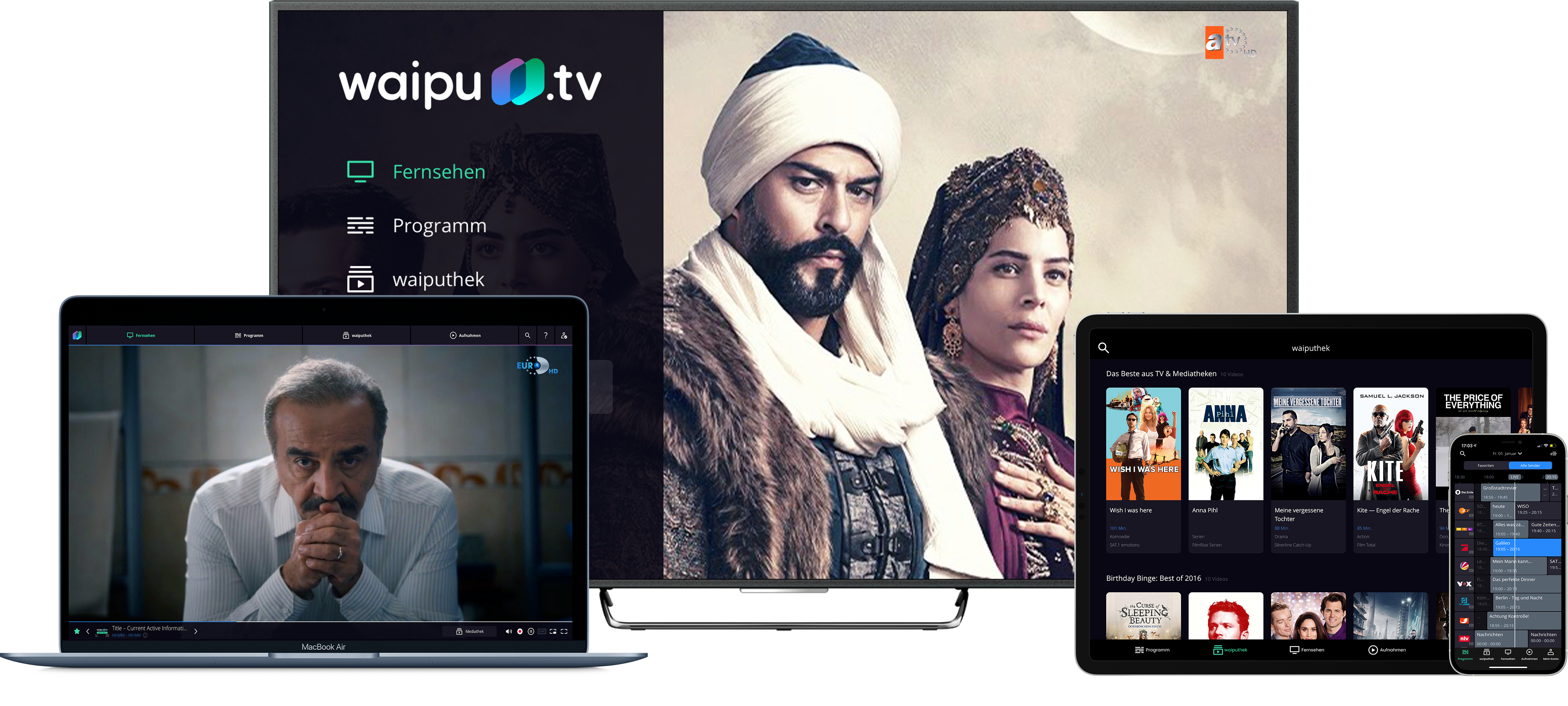 Mehrere Geräte zeigen Streaming-Inhalte an. Fernseher, Laptop, Tablet und Telefon.