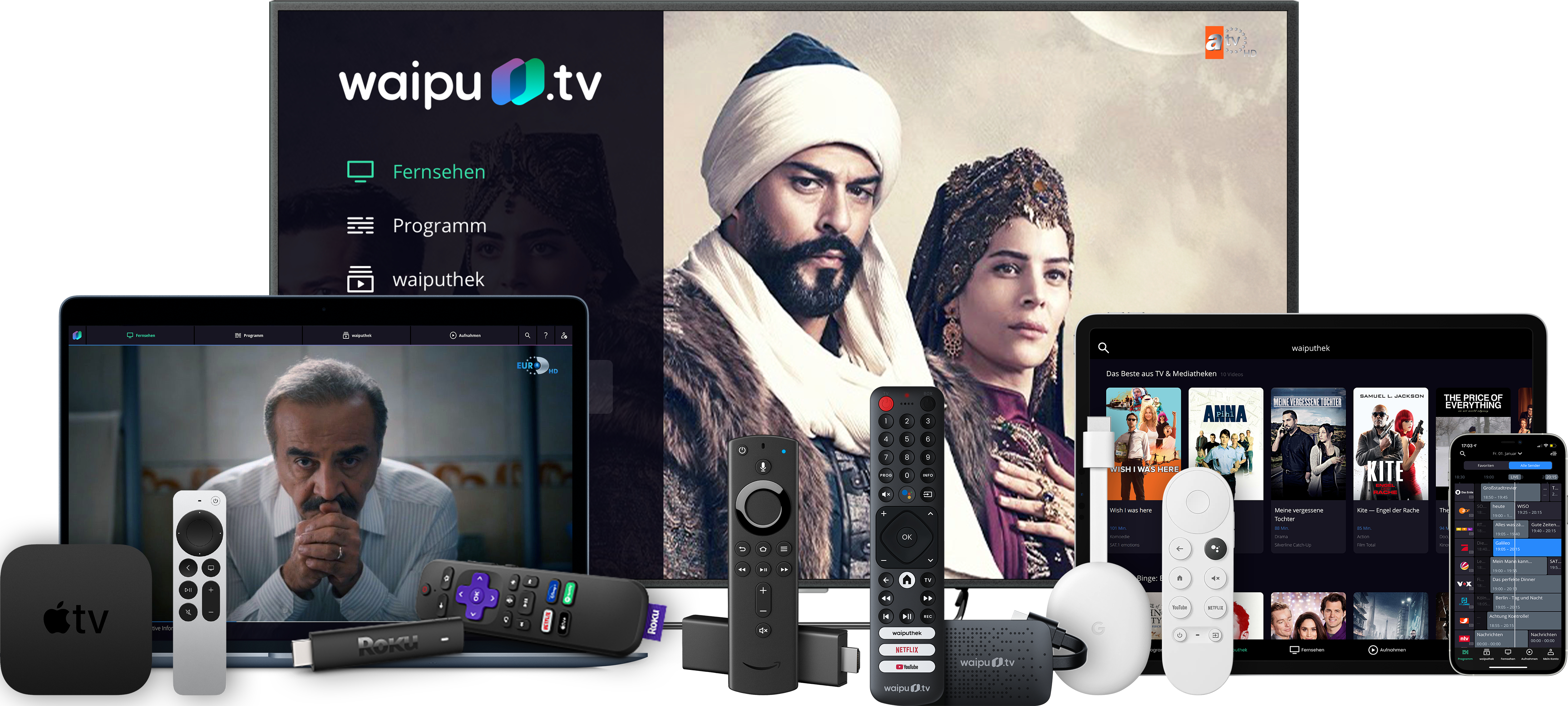 TV-Bildschirm zeigt waipu.tv Logo und Streaming-Optionen. Andere Geräte und Fernbedienungen im Vordergrund.