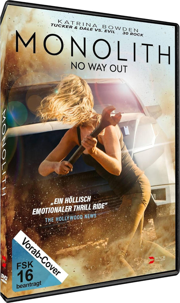 DVD-Cover. Eine Frau mit einem Schraubenschlüssel steht in der Nähe eines Autos. Der Titel ist Monolith, No Way Out.