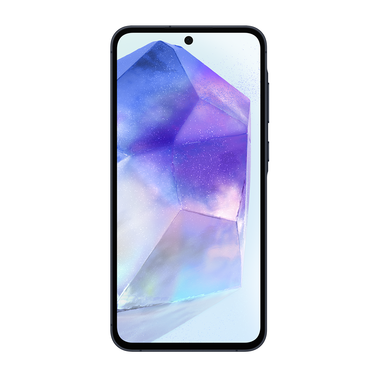 Siyah bir akıllı telefon, siyah bir arka plan üzerinde prizmatik, kristal benzeri bir grafik görüntülüyor.