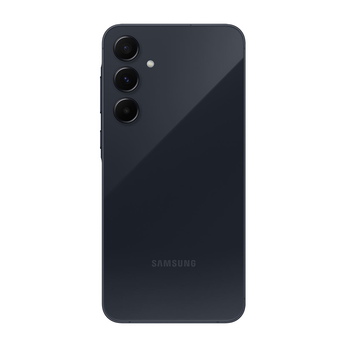 Üç kamera lensli, koyu mavi bir Samsung Galaxy telefonun arka görünümü.