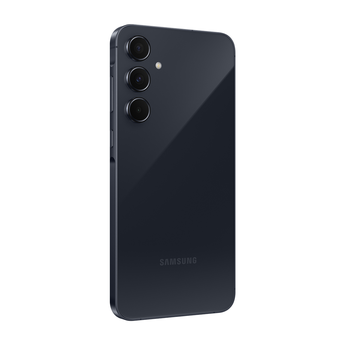 Mavi Samsung telefon, arka görünüm, üç kamera ve Samsung logosu ile.