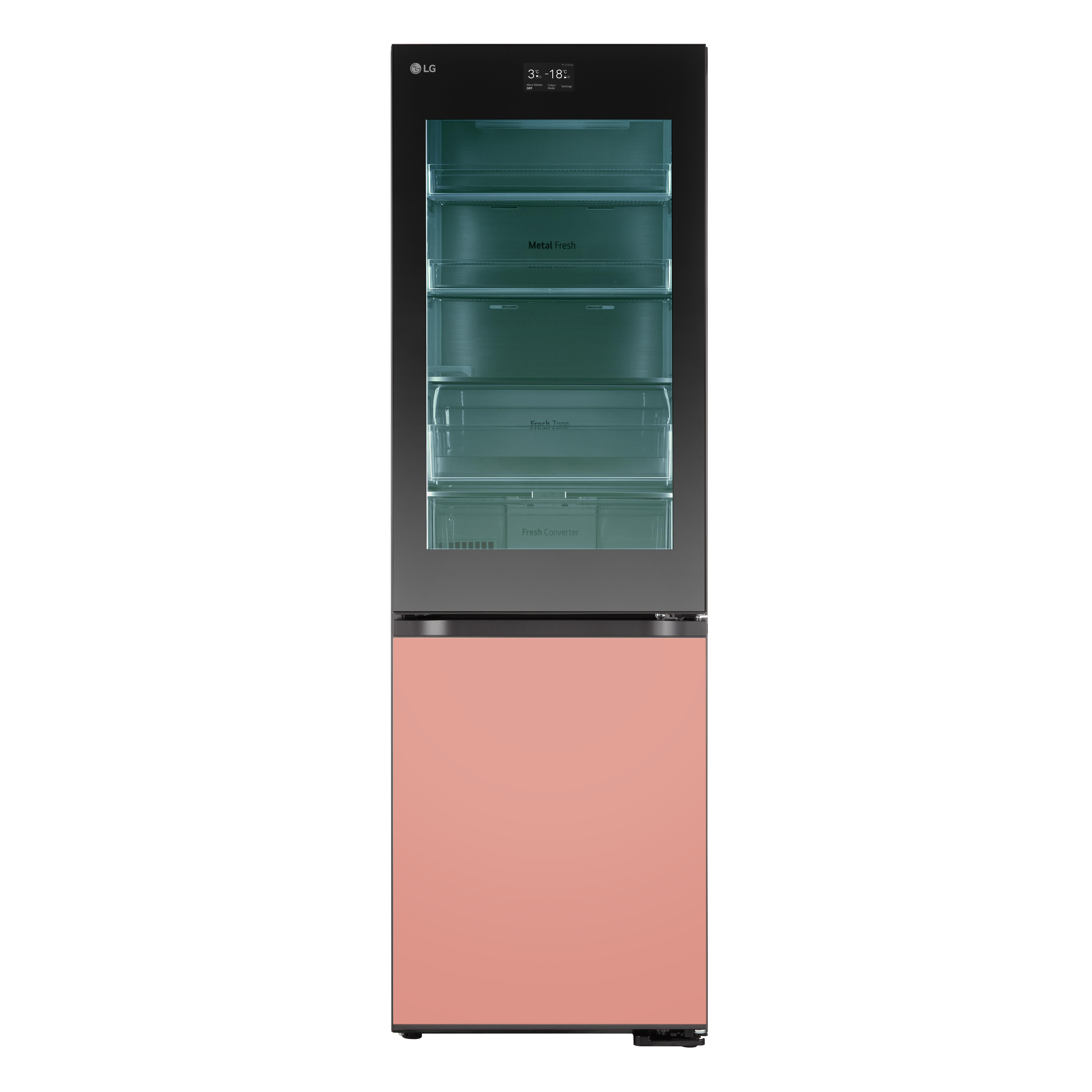 Ein zweitüriger LG-Kühlschrank mit schwarzem Oberteil und rosa Unterteil. Das Innere ist sichtbar.