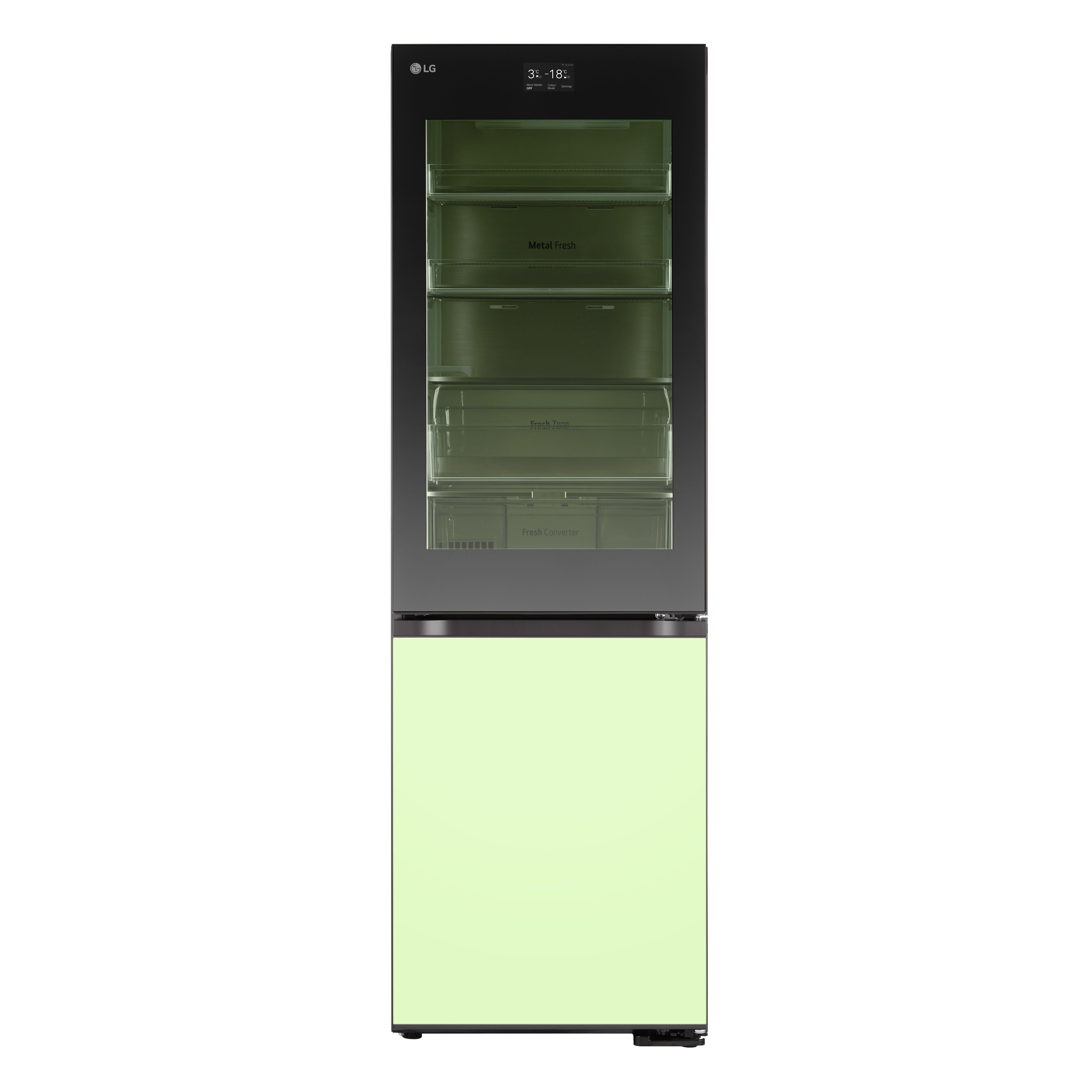 LG Kühlschrank mit Glastür. Grüner Innenraum und schwarzer Rahmen. Untere Tür ist durchgehend grün.