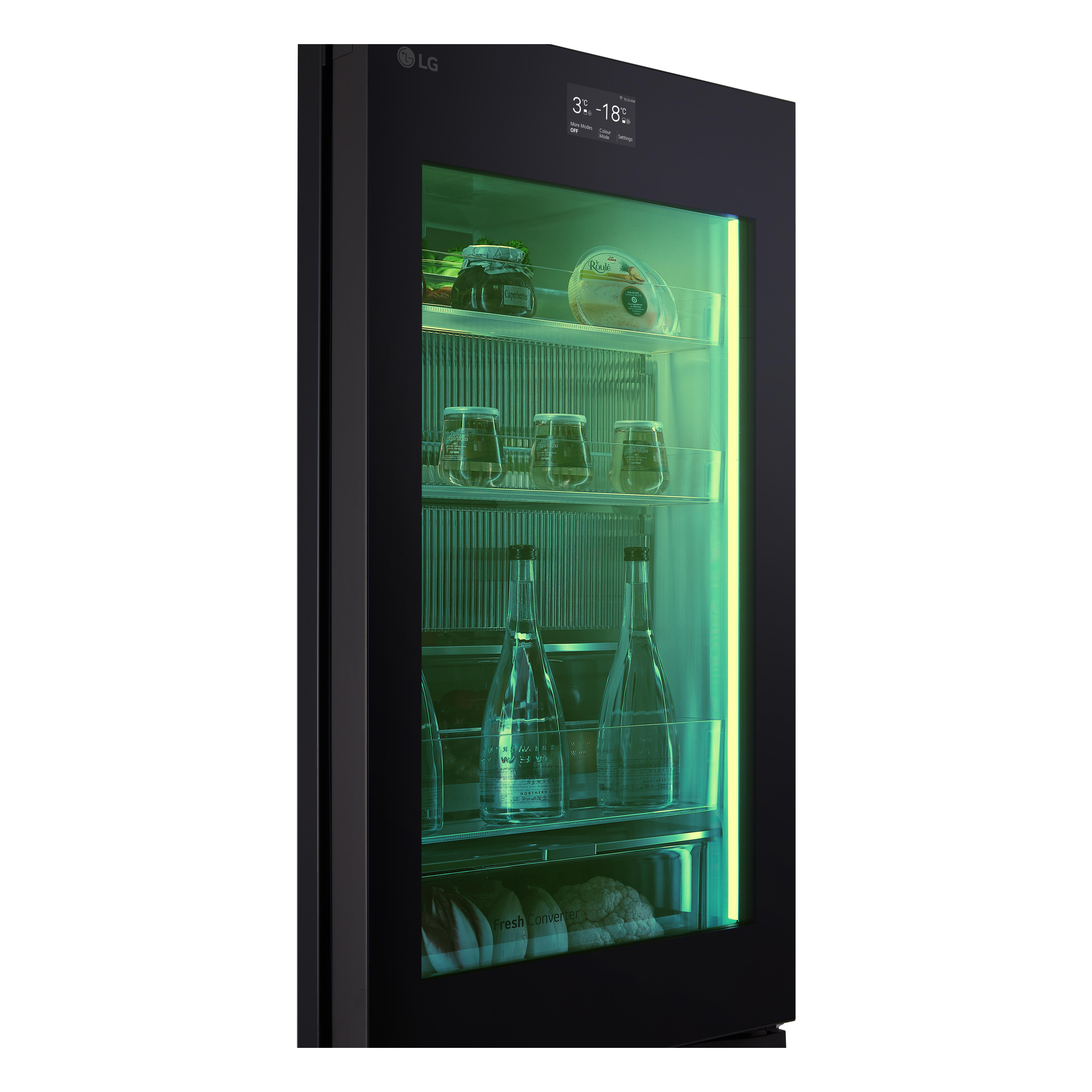 Schwarzer LG-Kühlschrank mit Glastür, zeigt Lebensmittel im Inneren.