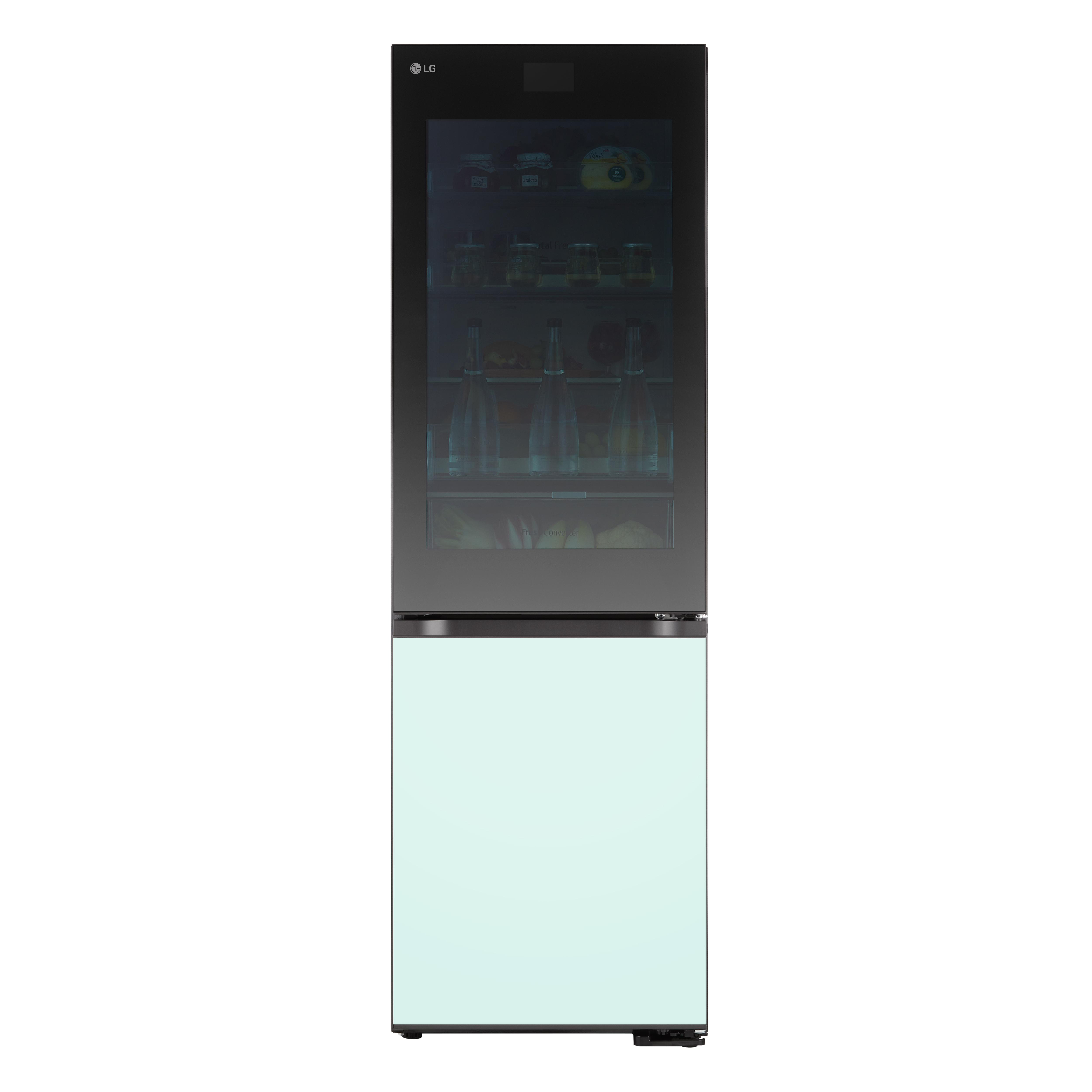 Schwarzer LG Kühlschrank mit Glastür. Der untere Teil ist hellmintfarben.