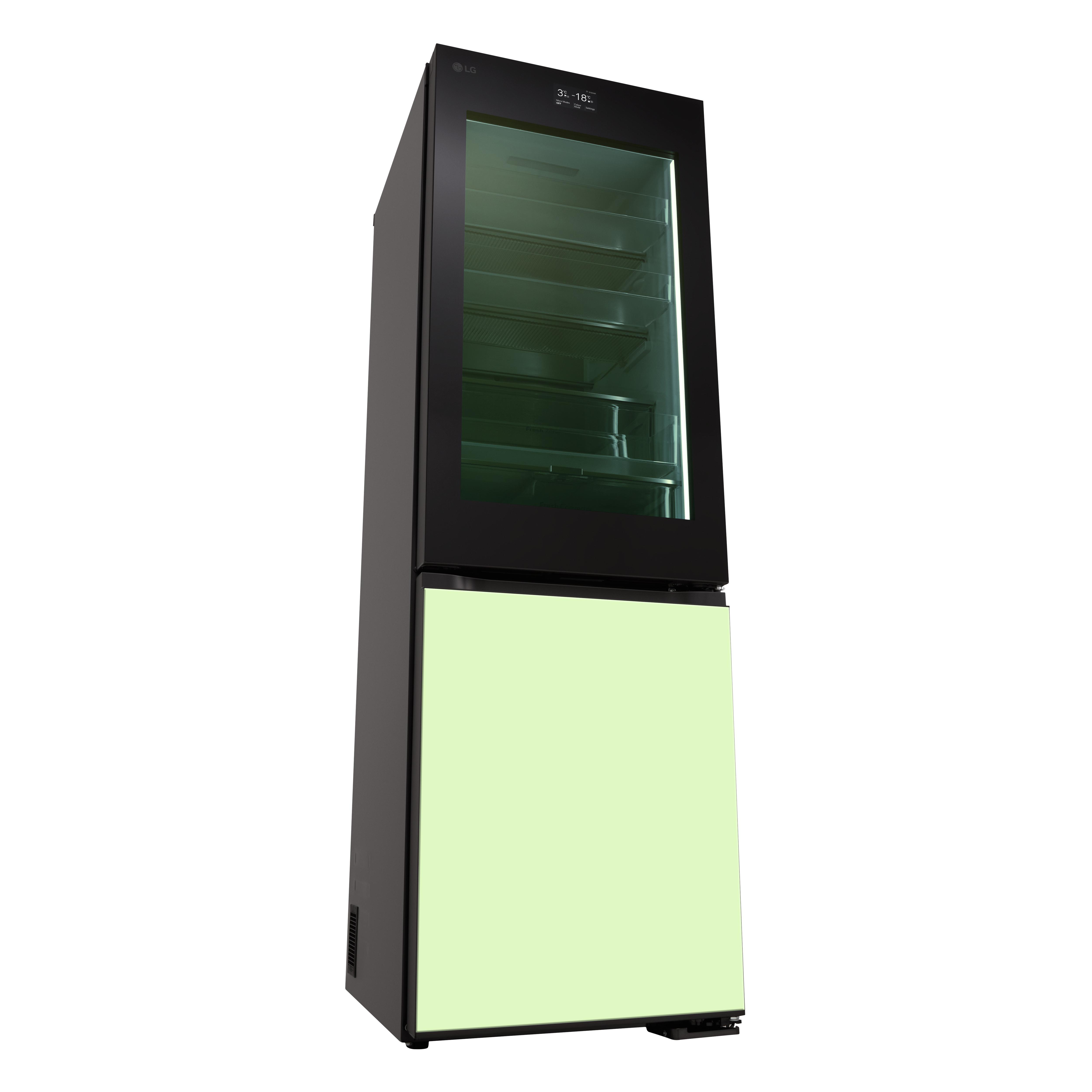 Ein Kühlschrank mit schwarzem Oberteil und hellgrüner unterer Tür.