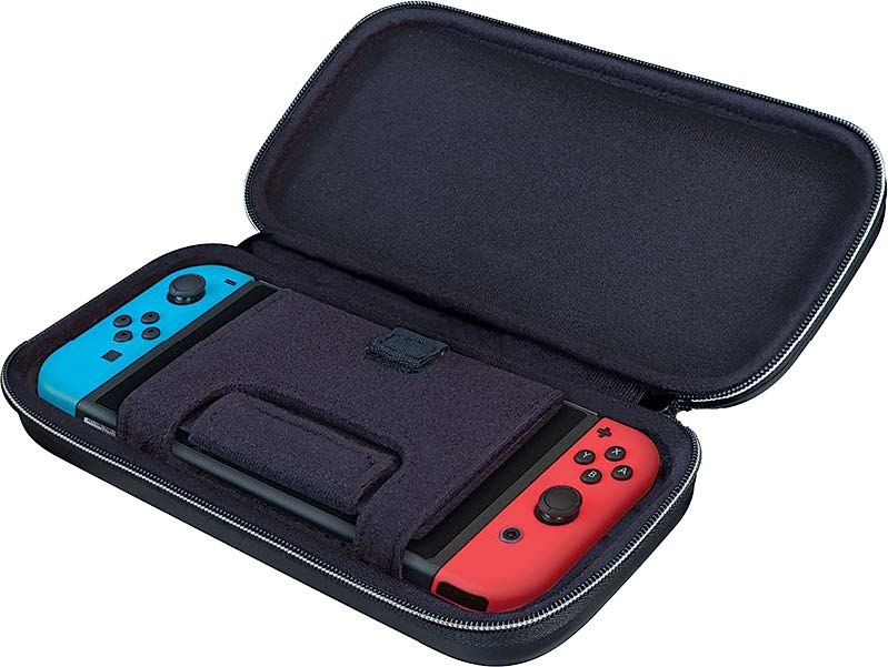 Schwarze Hülle für Nintendo Switch mit blauen und roten Controllern. Mit Reißverschluss.