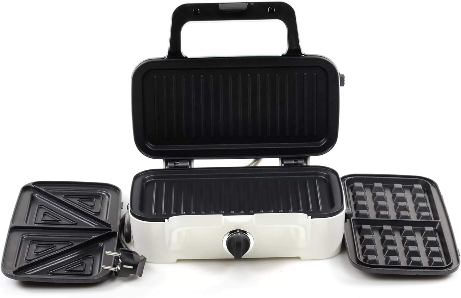 Otwarta opiekacz do kanapek z trzema wymiennymi płytami: gofry, kanapki i grill. Biały i czarny.