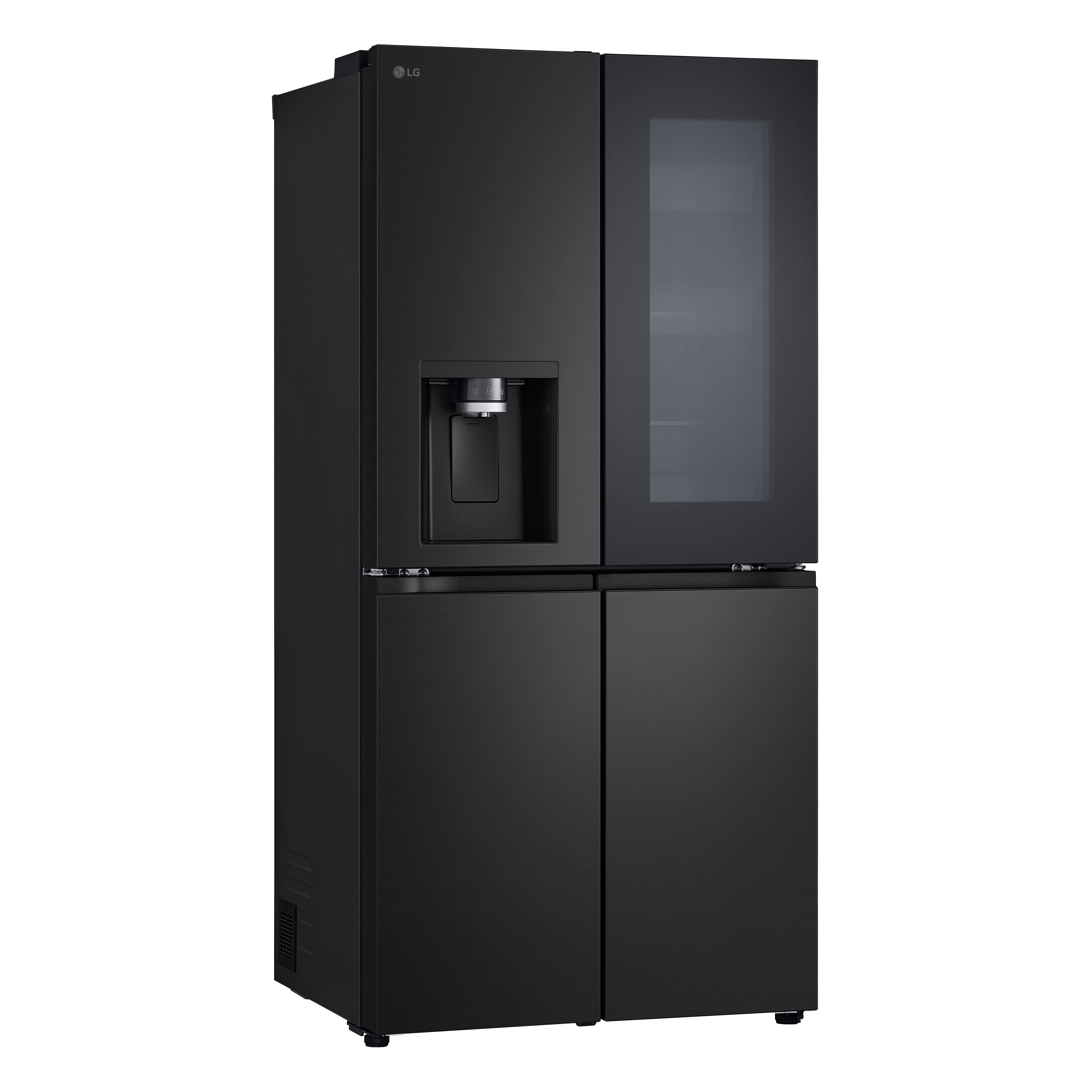 Schwarzer Kühlschrank mit vier Türen, nebeneinander.