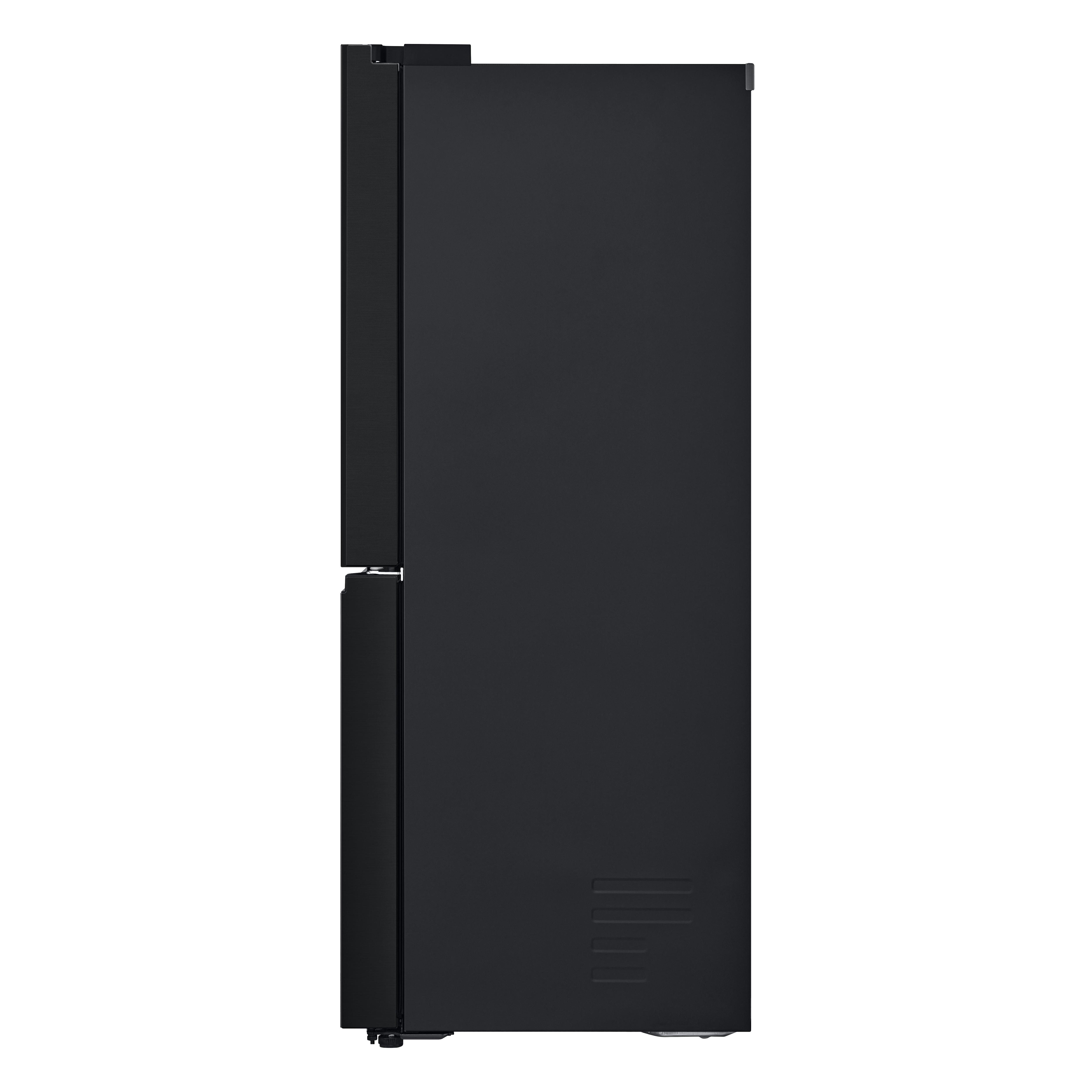 Ein schwarzer Kühlschrank von der Seite. Die Tür ist geschlossen und der Körper ist schwarz.
