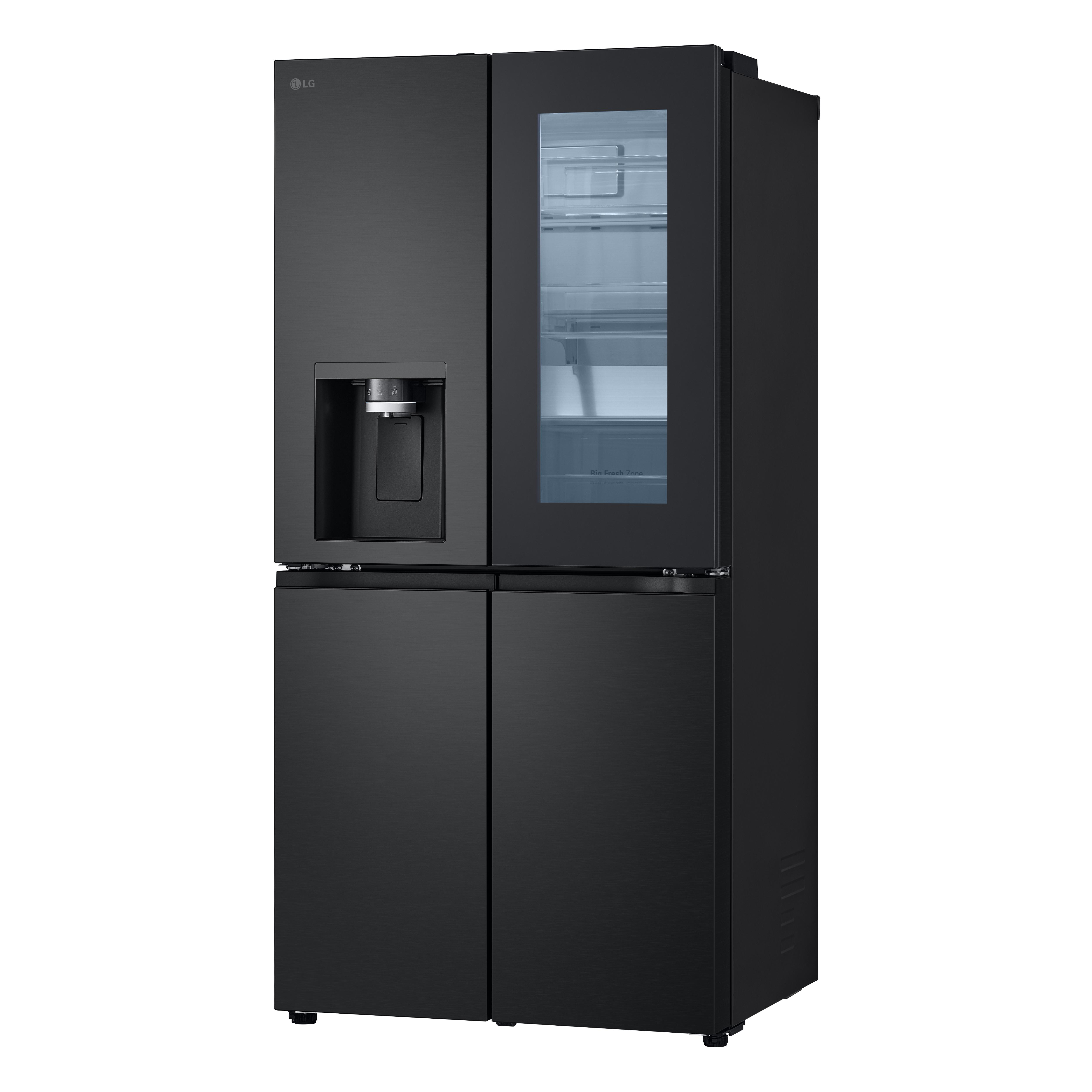 Schwarzer LG-Kühlschrank mit vier Türen und Wasserspender.