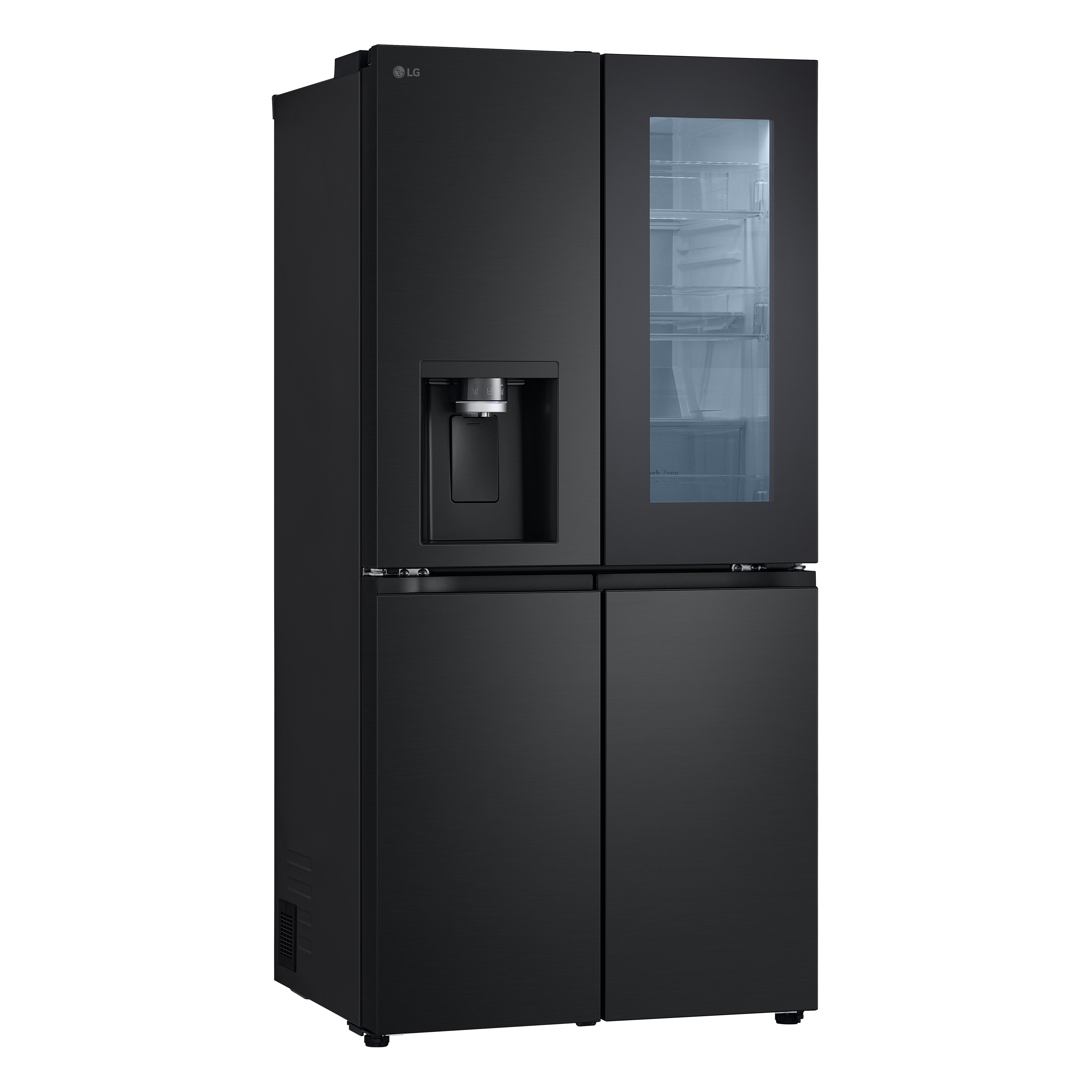 Schwarzer LG-Kühlschrank mit vier Türen. Spender an der linken Tür, Glastür rechts.