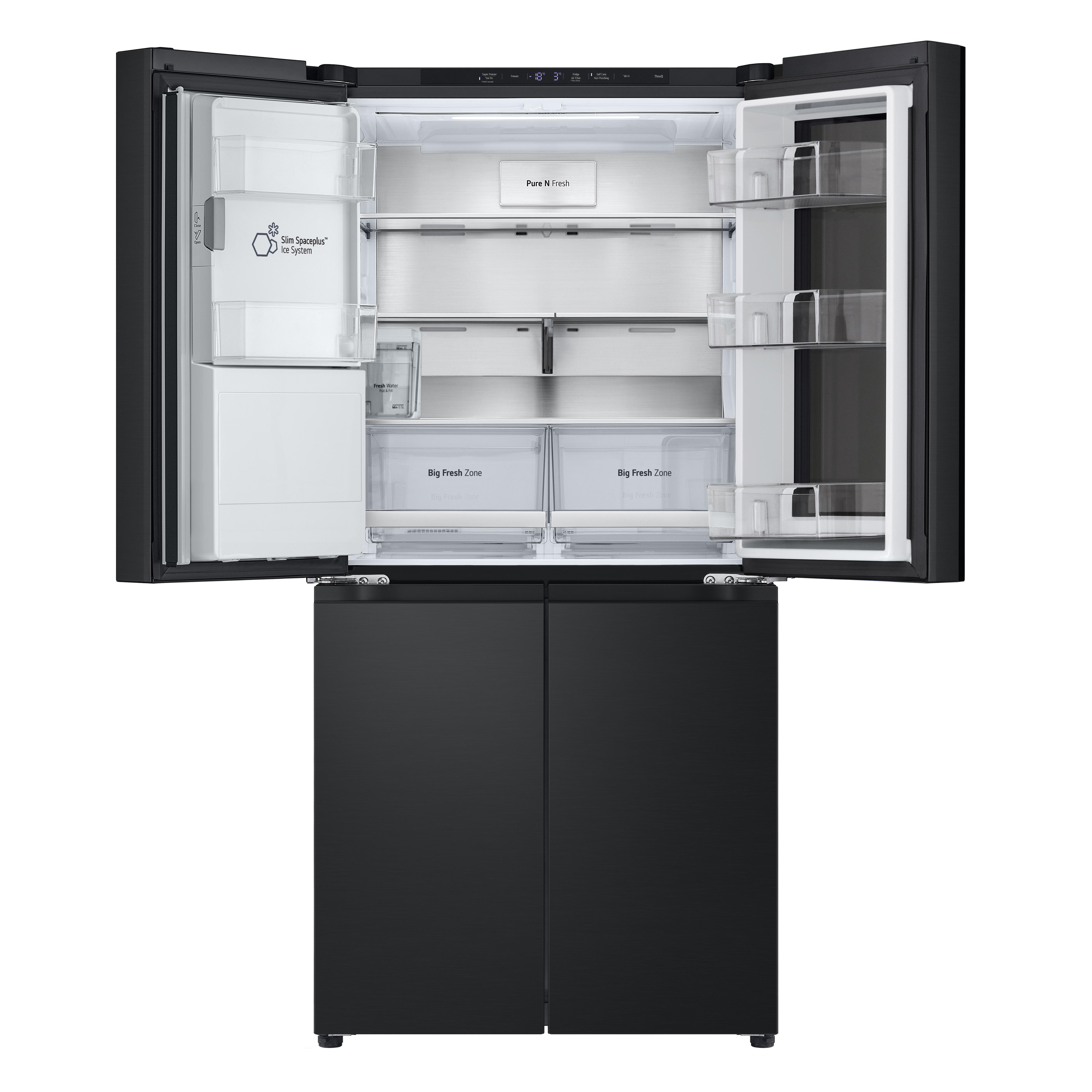 Schwarzer Kühlschrank mit geöffneten Türen, der mehrere Regale und Schubladen freigibt. Weißes Innere.