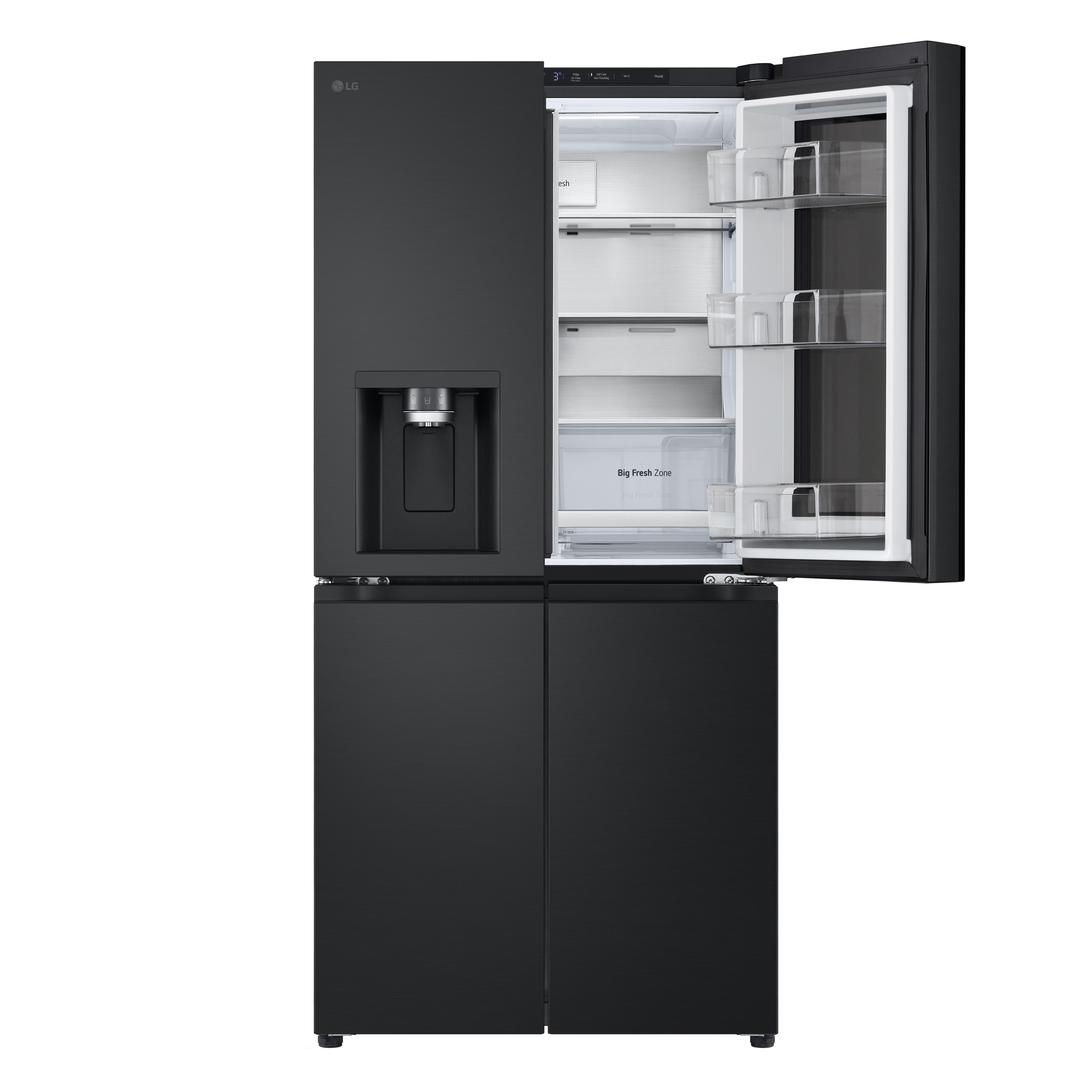 Schwarzer LG-Kühlschrank mit offener Tür. Innenregale und Fächer sind sichtbar.