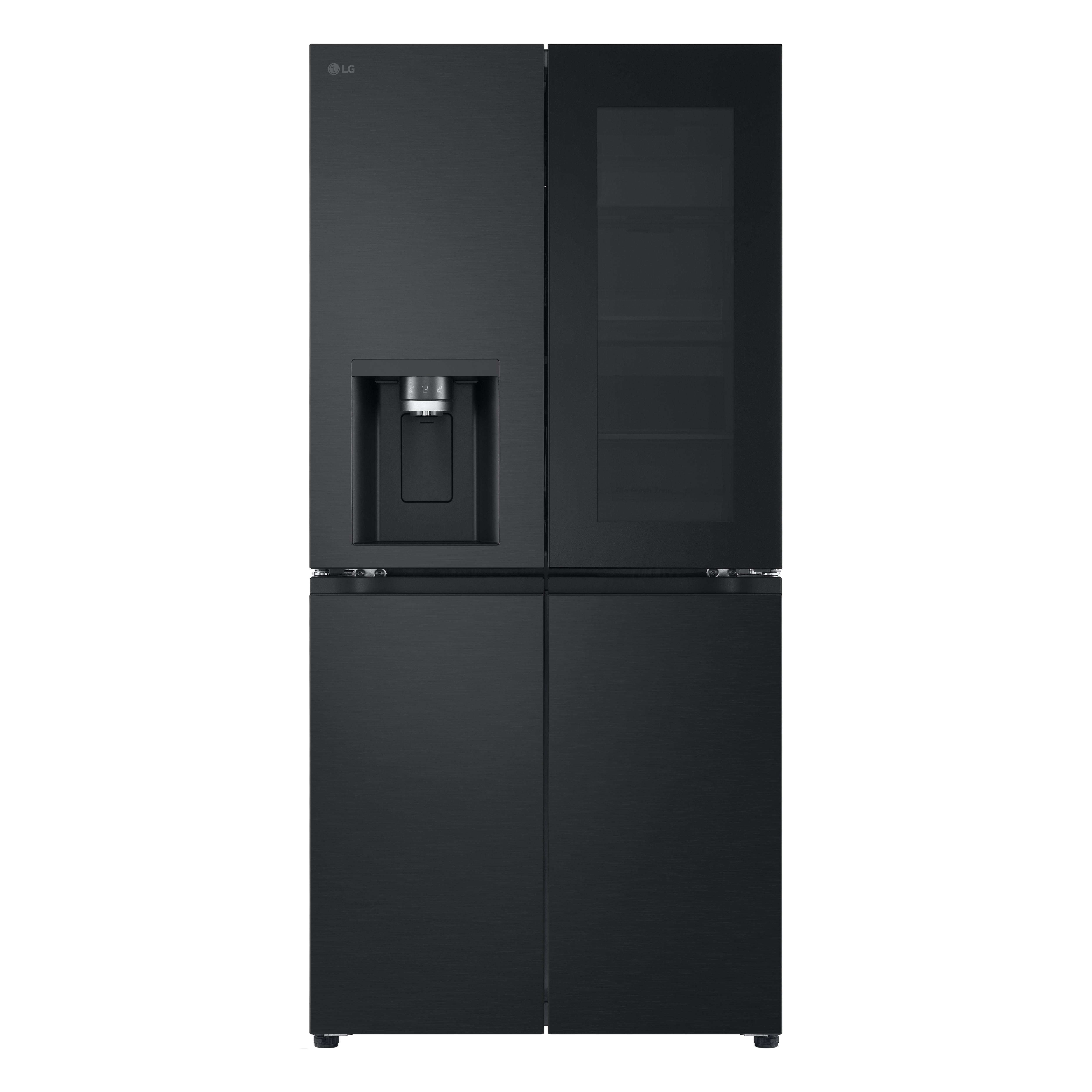 Schwarzer LG-Kühlschrank mit vier Türen. Verfügt über einen Wasserspender.