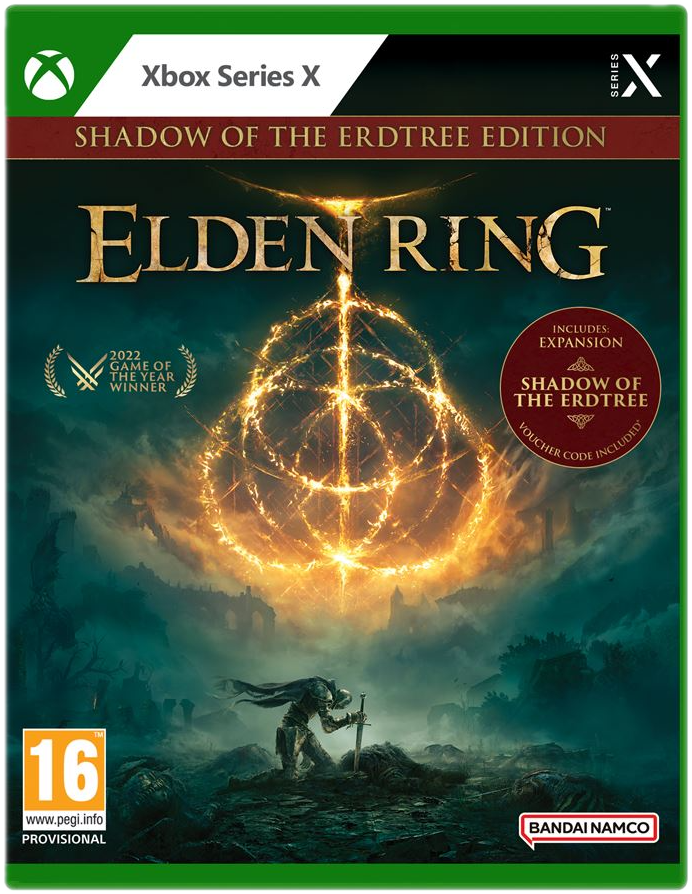 De Elden Ring Xbox Series X gamebox. Het bevat een illustratie van een krijger en een draak.