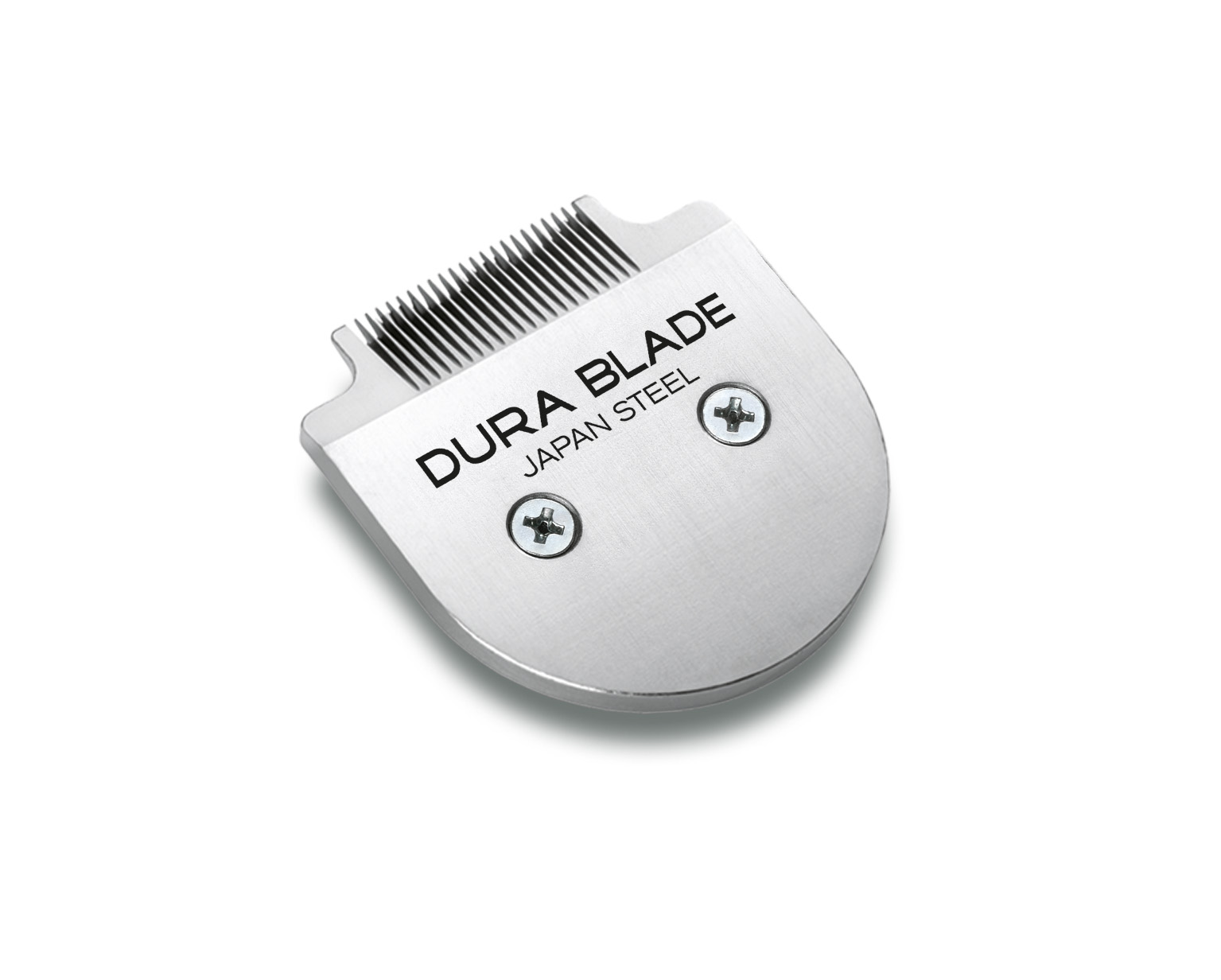 Eine silberne Dura-Klinge mit DURA BLADE JAPAN STEEL-Text und zwei Schrauben.