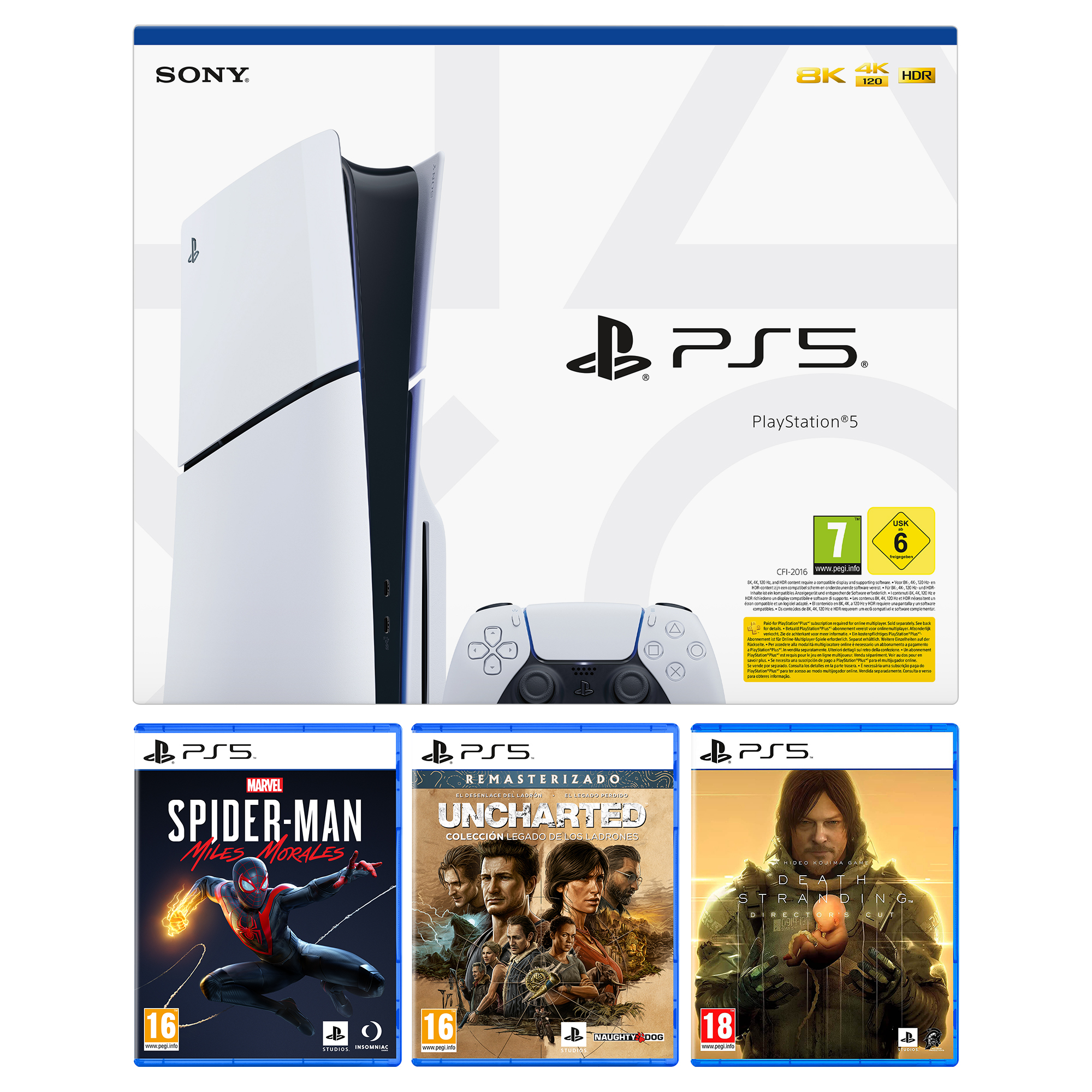 Consola PlayStation 5 y juegos como Spider-Man y Uncharted.