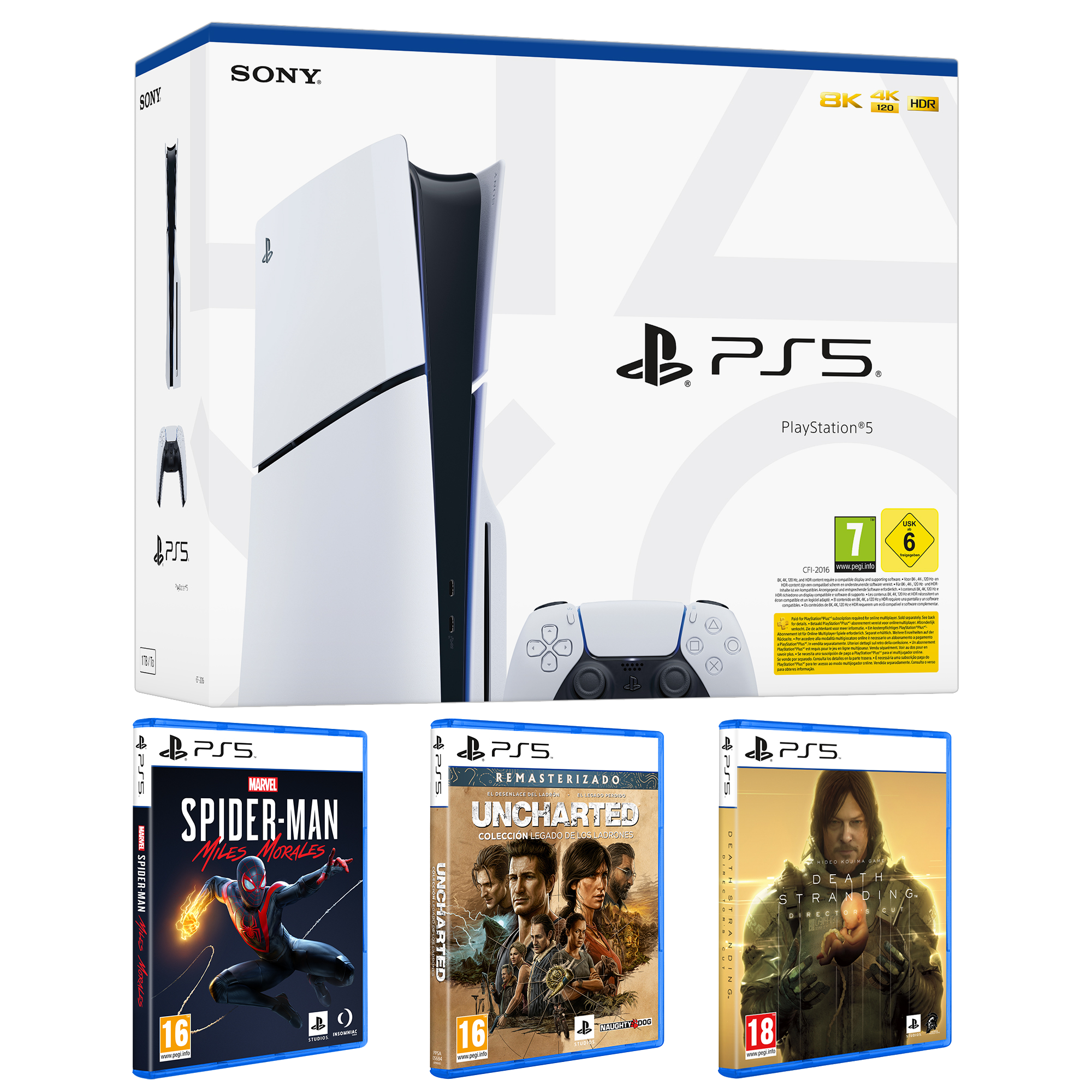 Consola PlayStation 5 con caja y tres carátulas de juegos. Consola y mando blancos. Juegos: Spider-Man, Uncharted, Death Stranding.