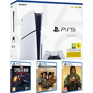 Consola - Sony PlayStation 5 Slim Standard, 1 TB SSD, 1 mando + 3 Juegos (Spider-Man: Miles Morales + Uncharted: Legado ladrones + Death Stranding)