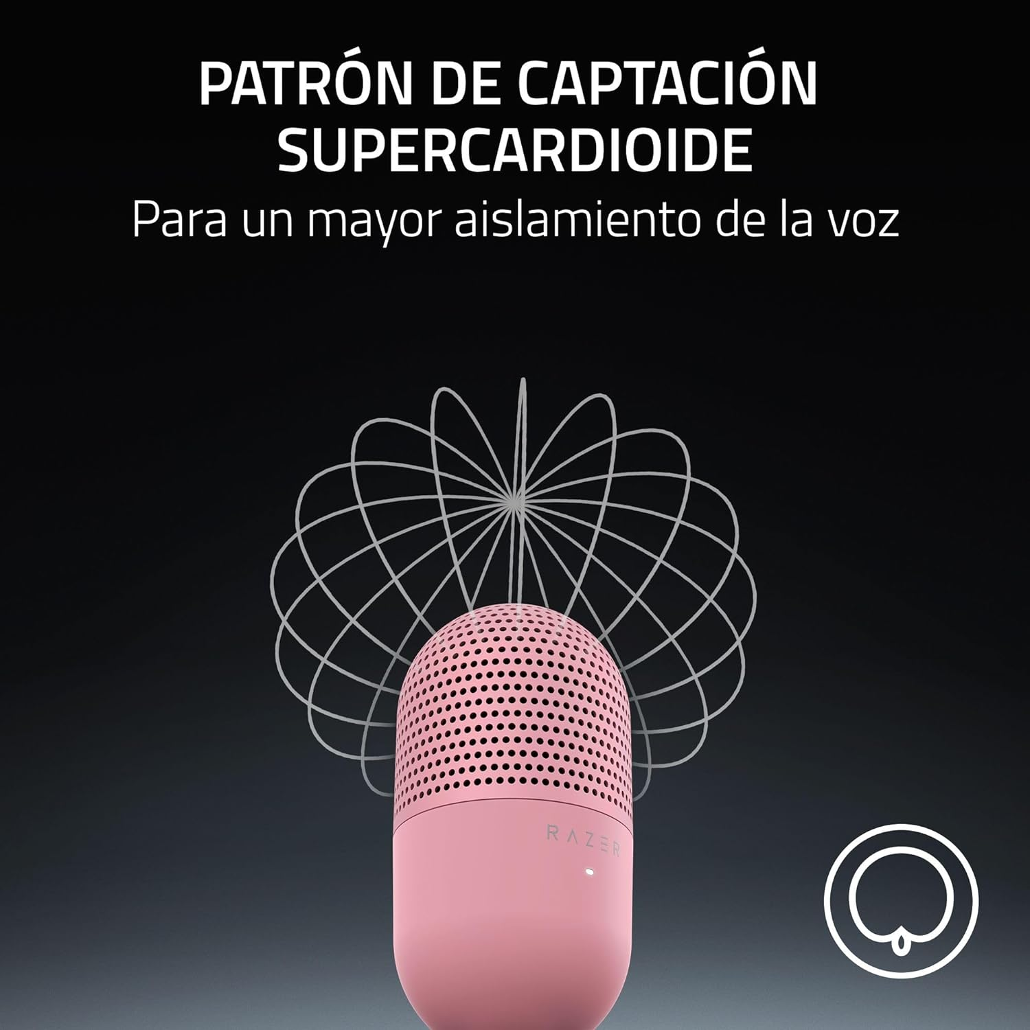 Micrófono Razer rosa con diagrama de patrón supercardioide.
