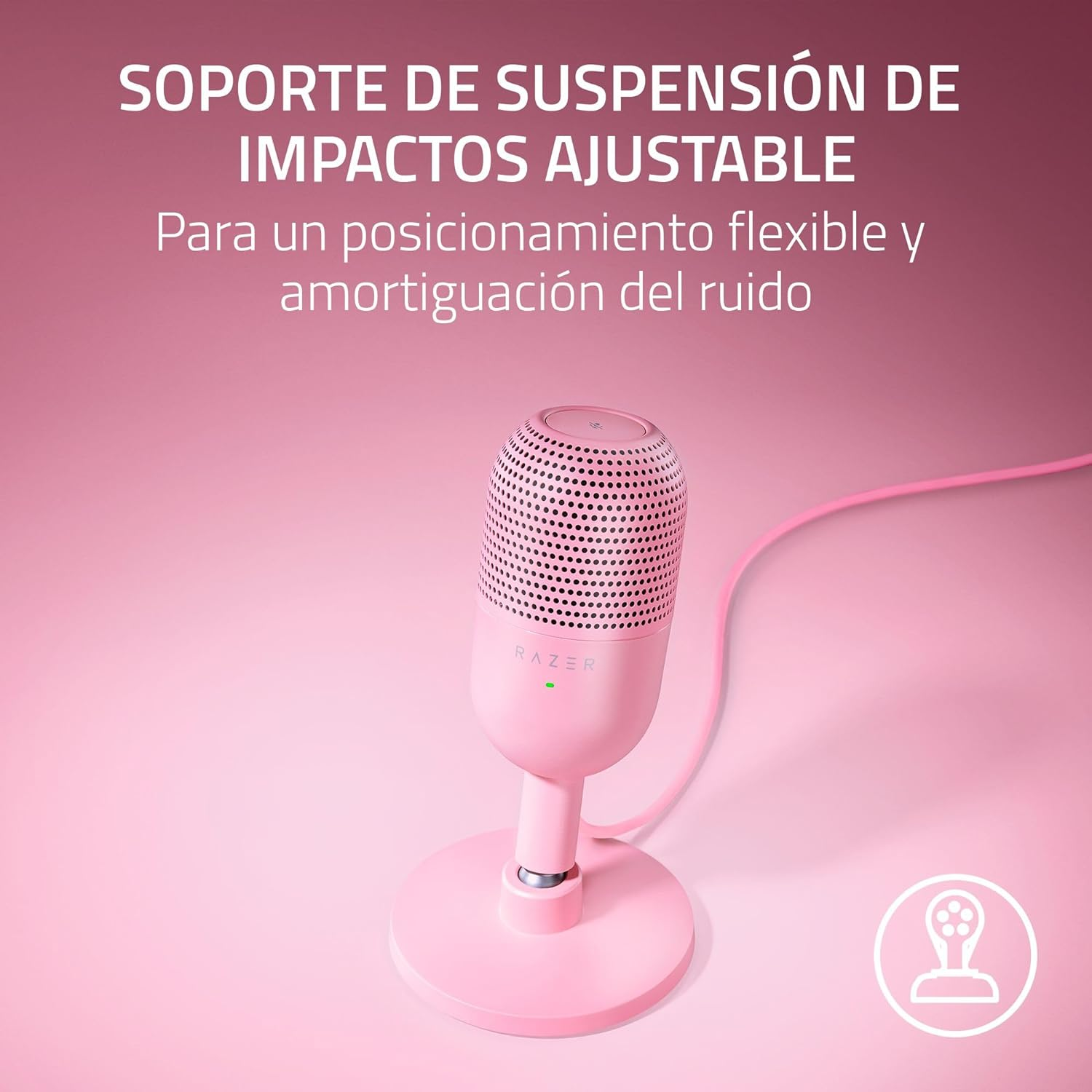 Micrófono rosa en un soporte. Texto: 'Absorción de impactos ajustable' y 'Posicionamiento flexible'.