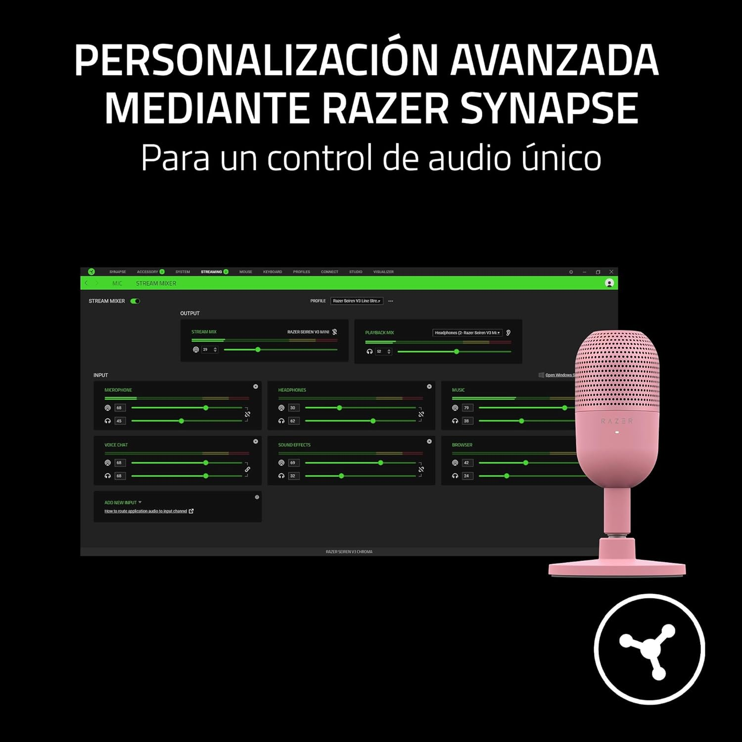 Micrófono Razer rosa con una pantalla mostrando la interfaz de configuración de audio, con logo blanco abajo derecha.