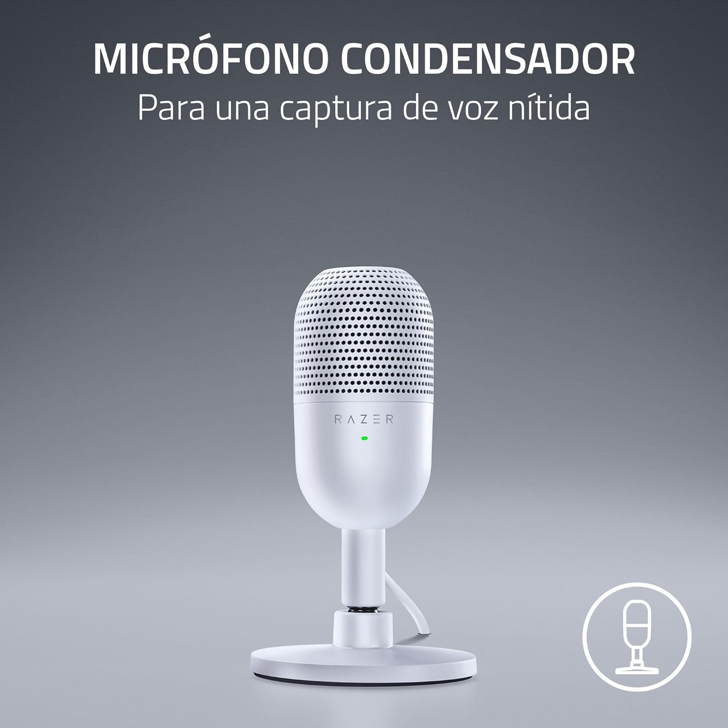Micrófono de condensador blanco sobre un soporte blanco. Texto: 'Captura de voz nítida'.