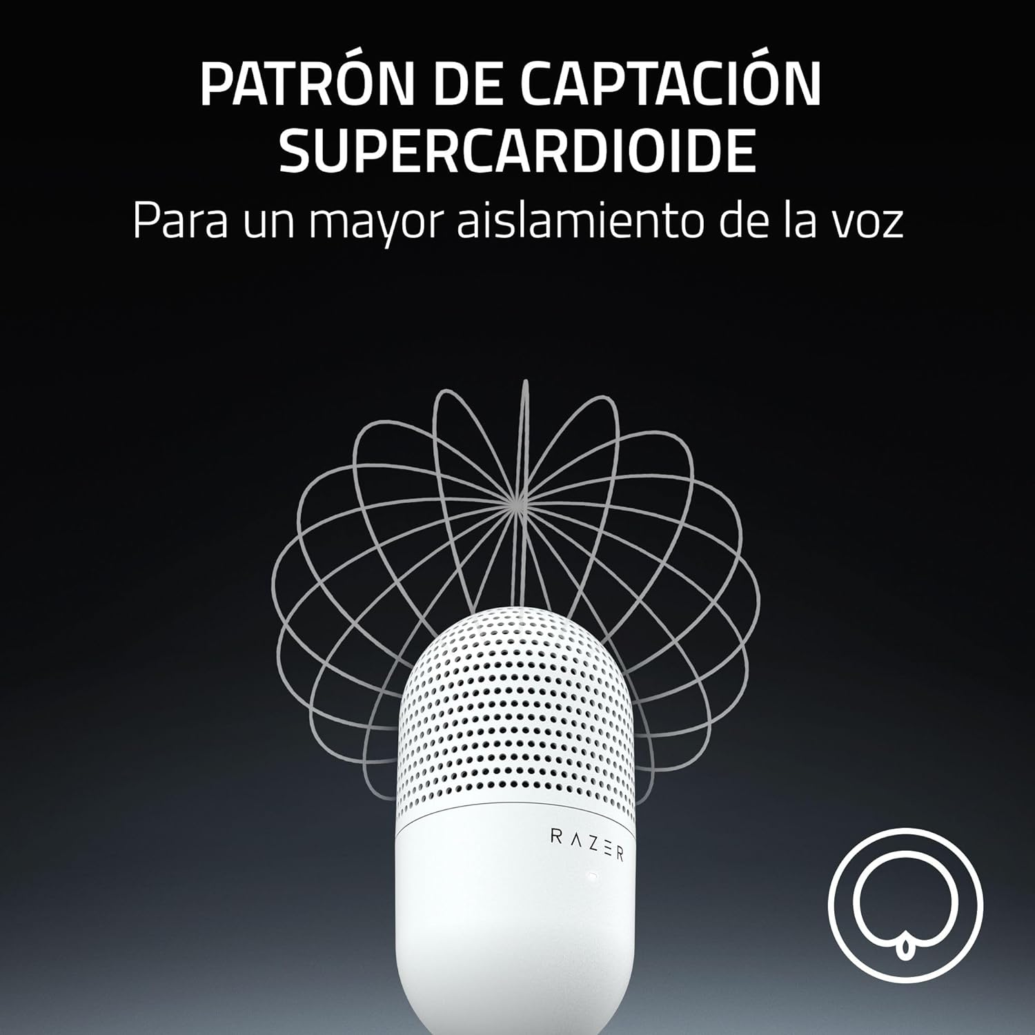 Micrófono Razer blanco con un diagrama que ilustra su patrón de captación supercardioide.