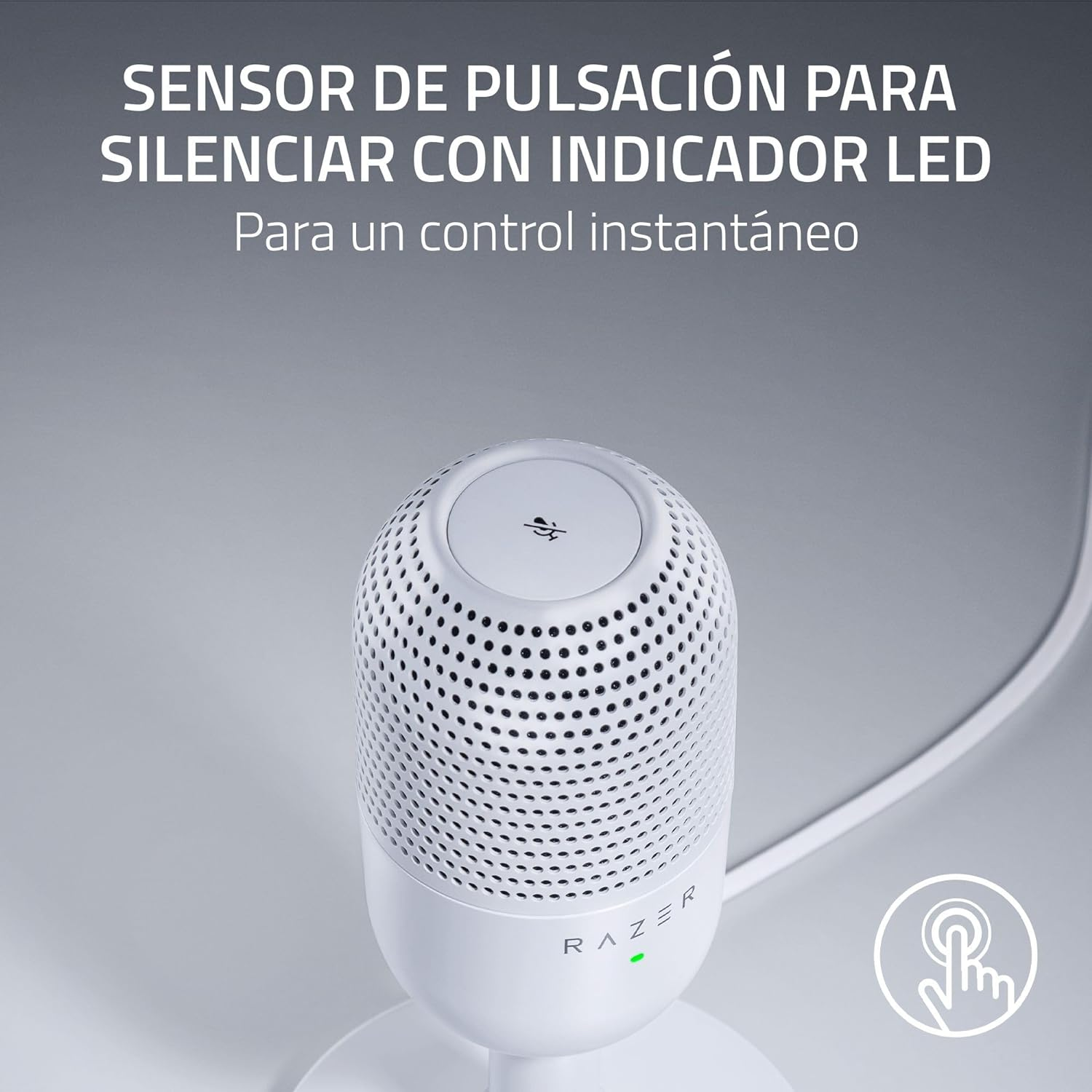 Micrófono Razer blanco, en un soporte blanco, con texto en español. Fondo blanco.