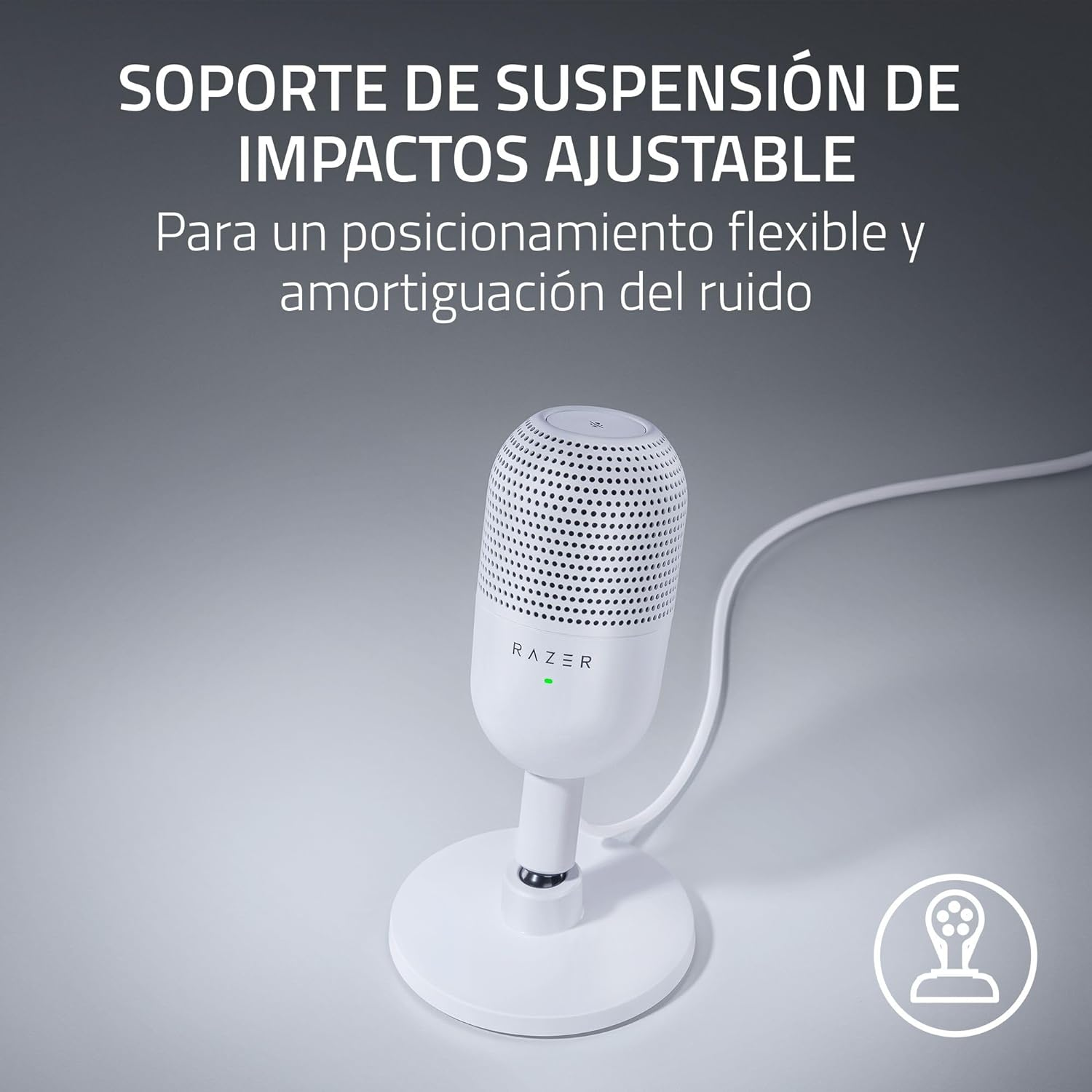 Micrófono Razer blanco en un soporte con texto sobre soporte de impacto.