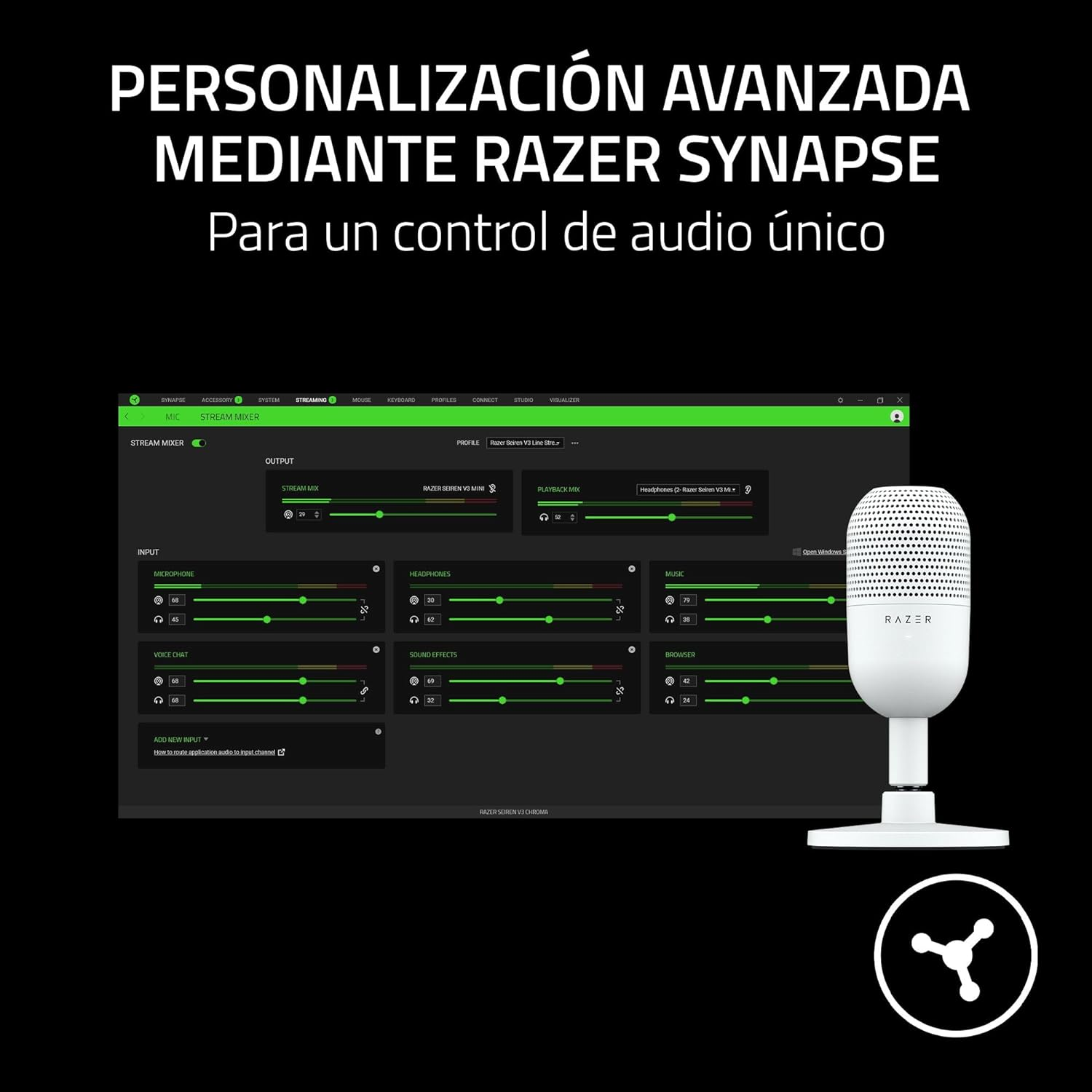 Una imagen de la interfaz de Razer Synapse. Un micrófono y un micrófono Razer blanco están en la escena.