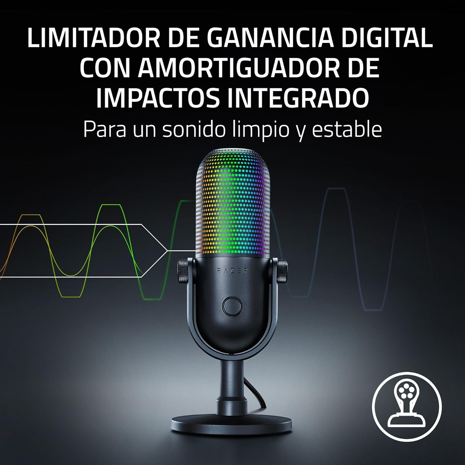 Micrófono Razer negro con luces arcoíris. Limitador de ganancia digital.