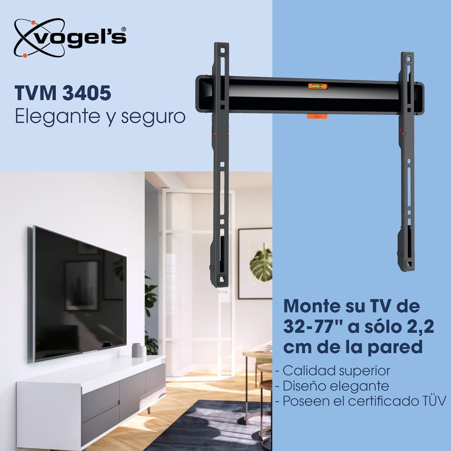 Soporte de TV con TV en la pared, información del producto y fondo azul.