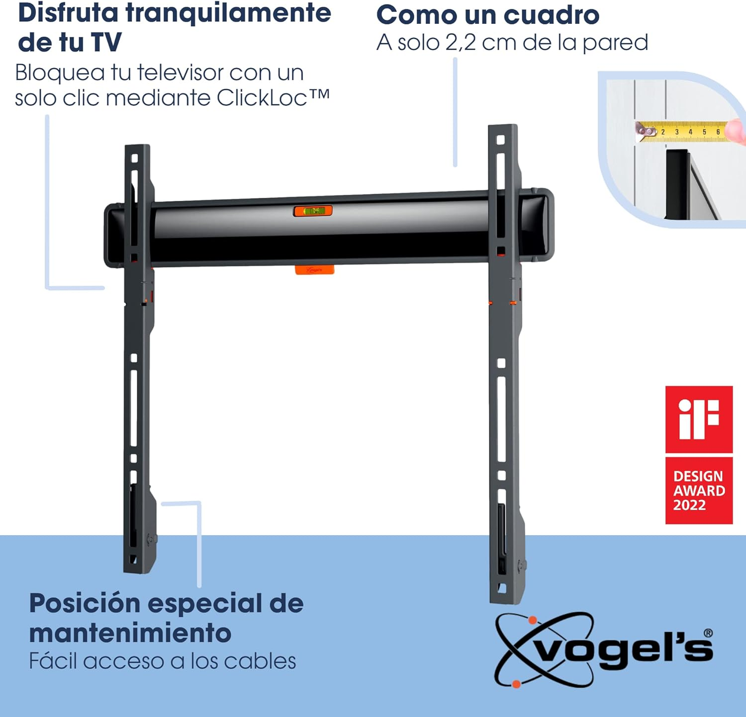 Soporte de pared para TV, texto en español y un logo de premio.