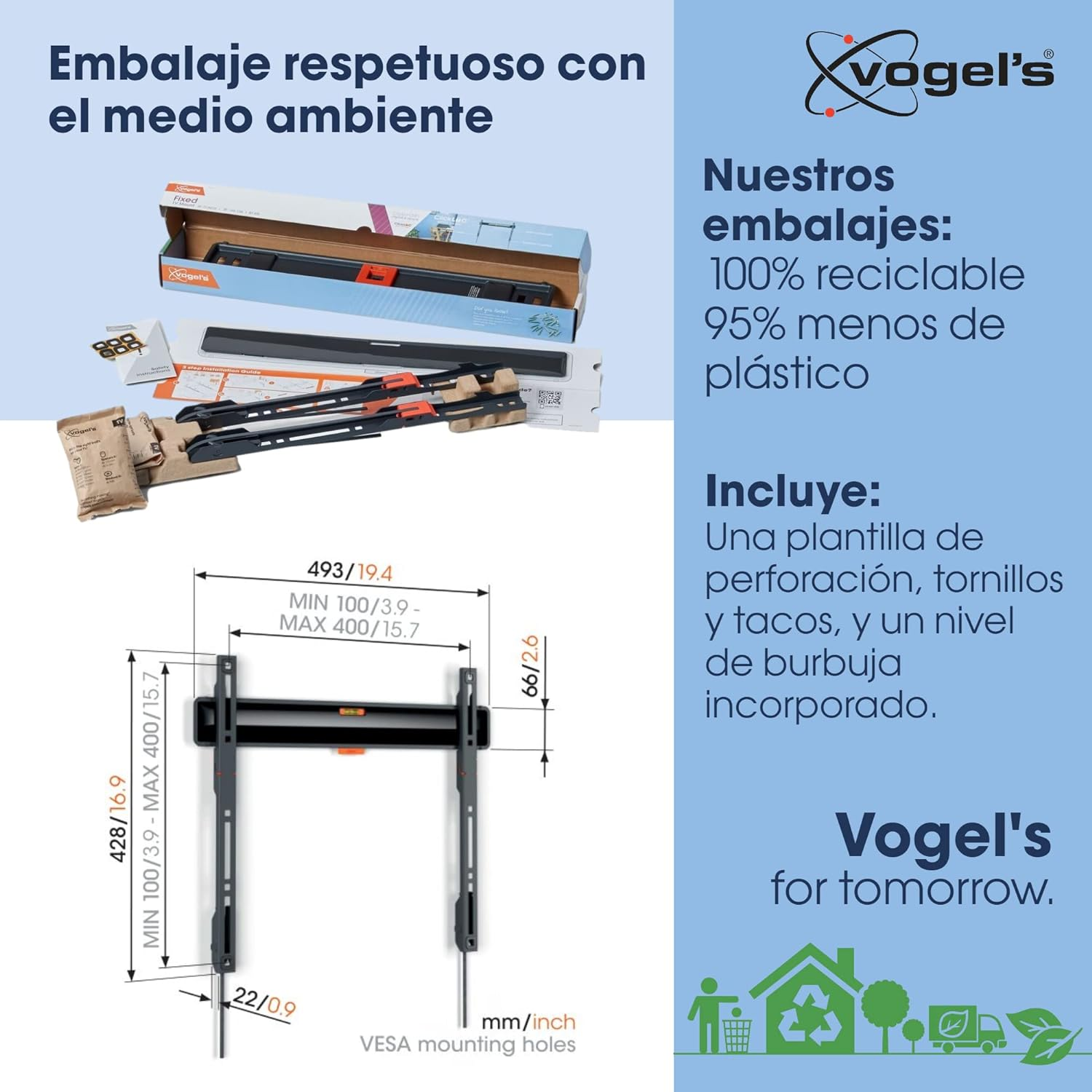 Diagrama con dimensiones de un soporte de pared. Texto en español sobre embalaje y materiales.