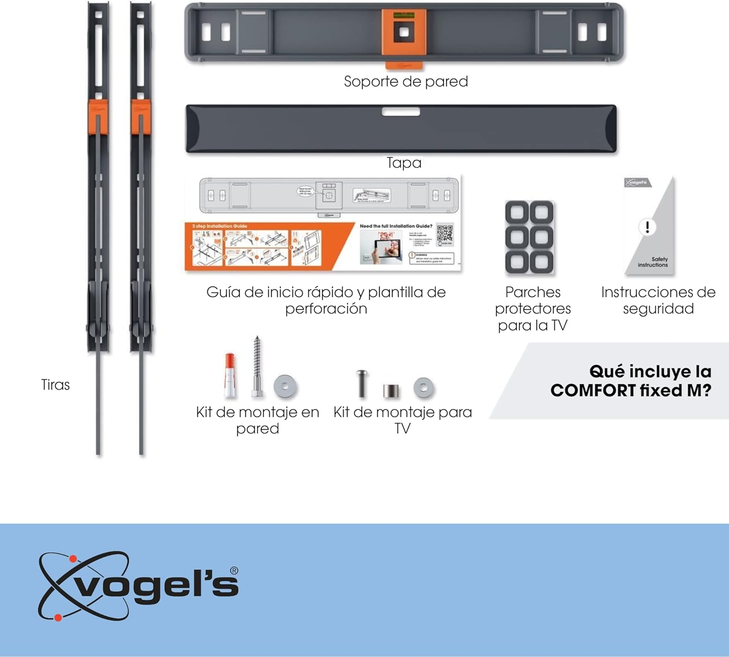 Kit de montaje en pared para TV con componentes. Incluye barras de montaje, tornillos e instrucciones. Logo de la marca Vogel's.