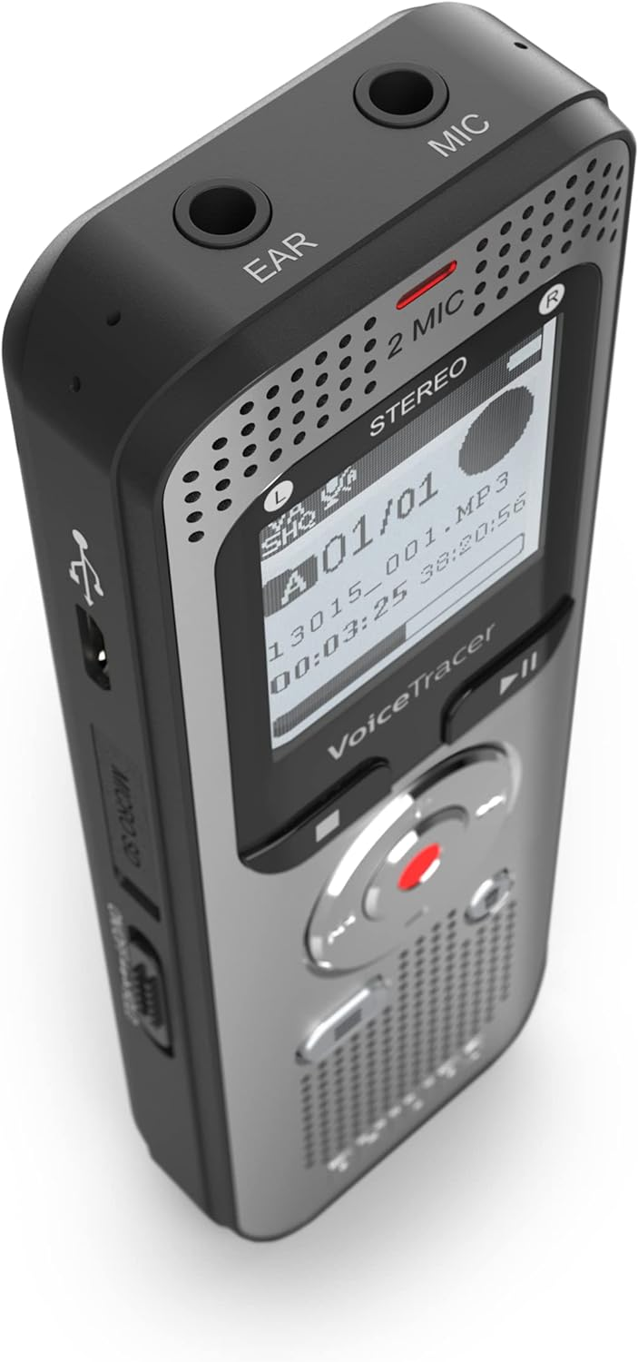Grabadora de voz digital Voice Tracer. Negro y plata, con pantalla y varios botones.