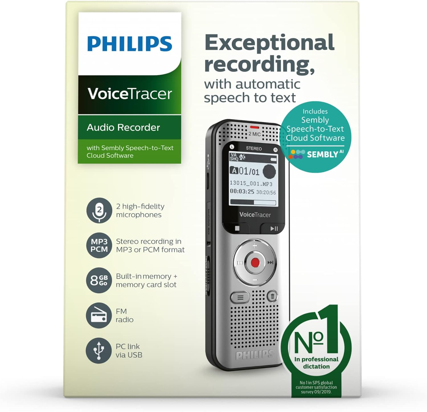 Grabadora de audio Philips VoiceTracer con caja y texto.