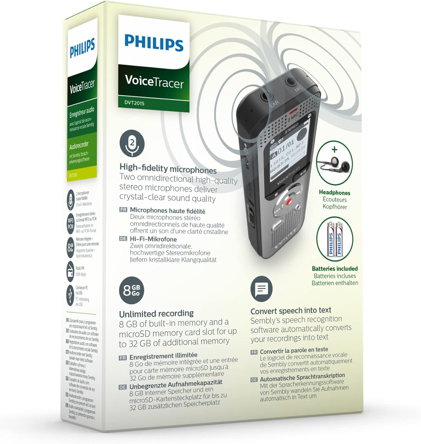 Una caja de la grabadora de voz Philips VoiceTracer DVT2015. Muestra la grabadora y los accesorios.